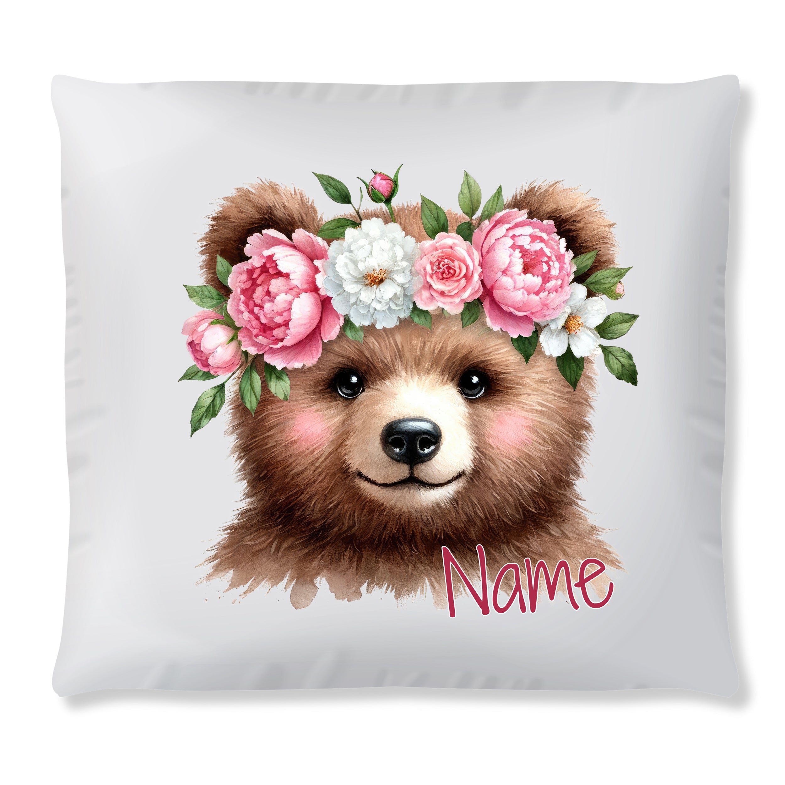 Kissen mit niedlichem Bären und Blumenkranz, personalisierbar.