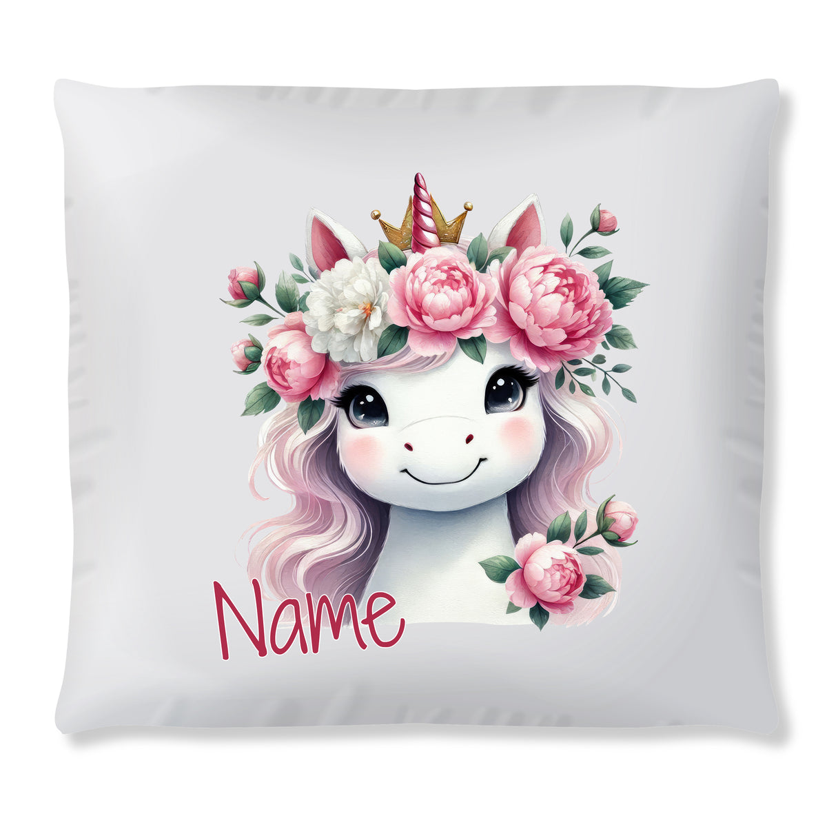 Kissen mit Einhorn, rosa Blumen und personalisierbarem Namen.