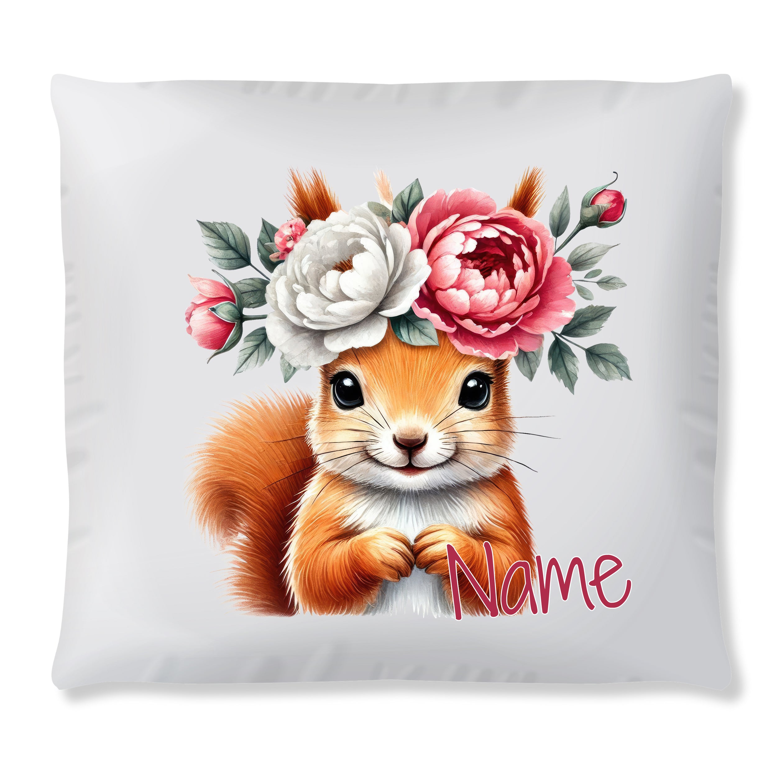 Kissen mit niedlichem Eichhörnchen und Blumenkranz, personalisierbar.
