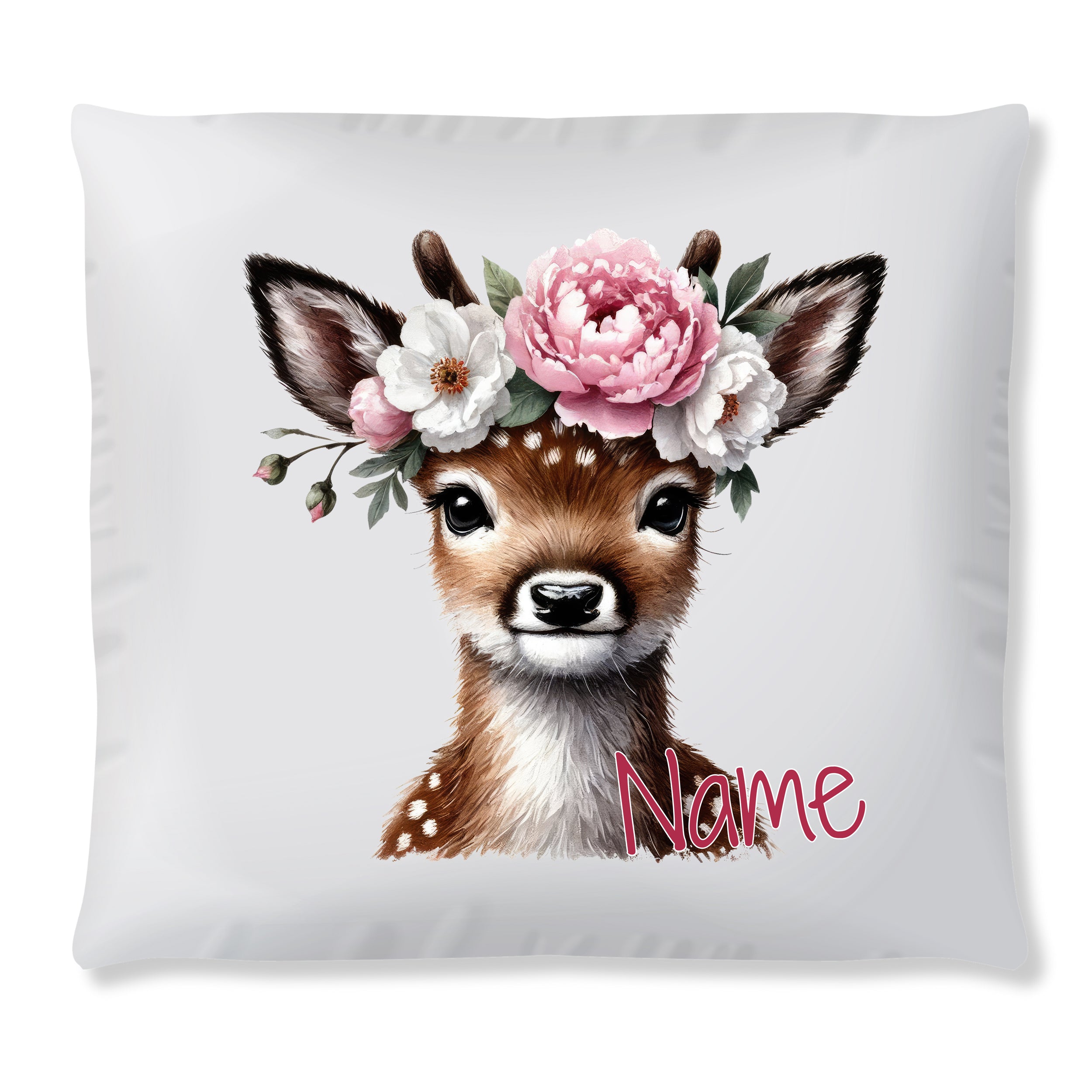 Kissen mit Rehkitz, Blumenkranz und personalisiertem Namen.