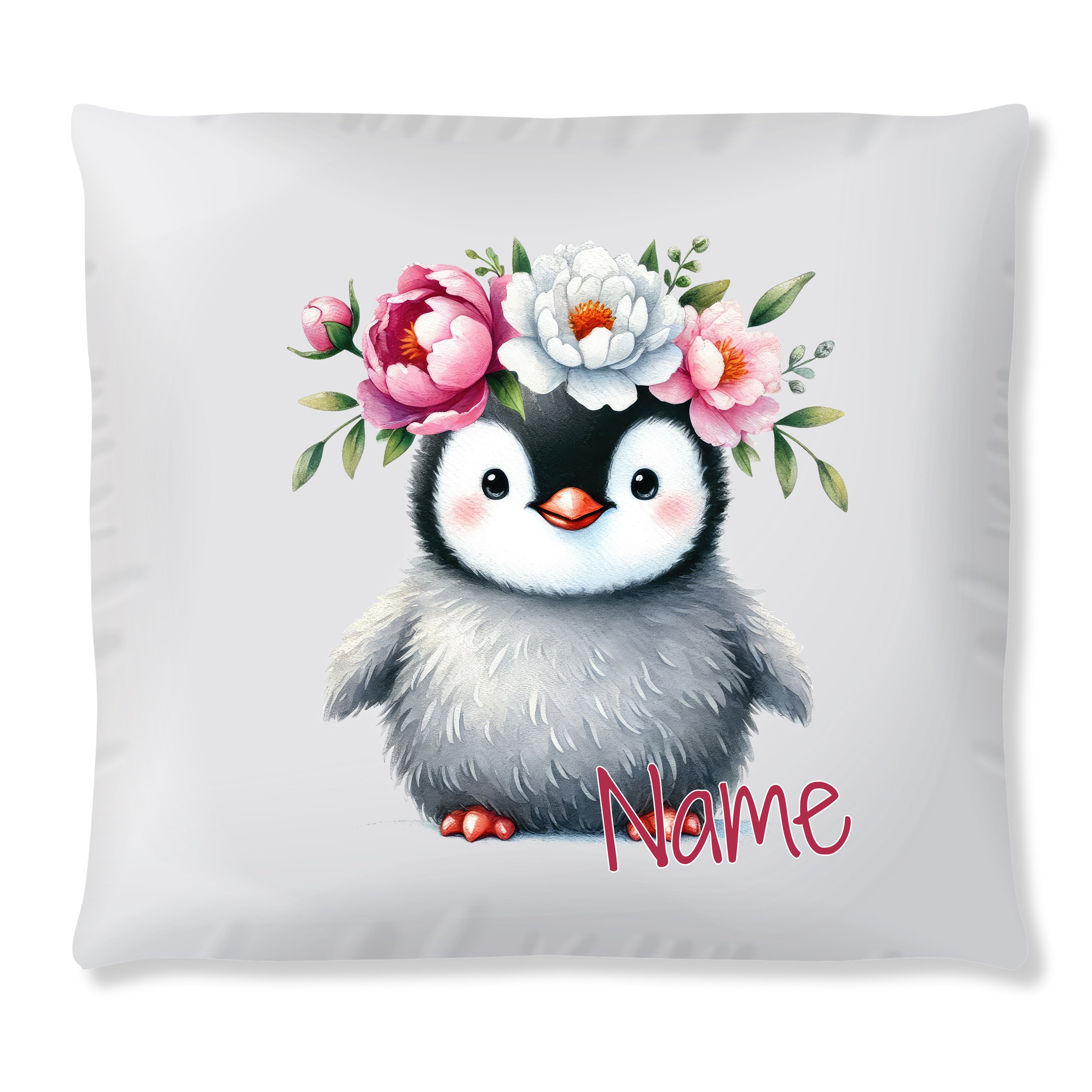 Kissen mit niedlichem Pinguin und Blumenkranz, personalisierbar.