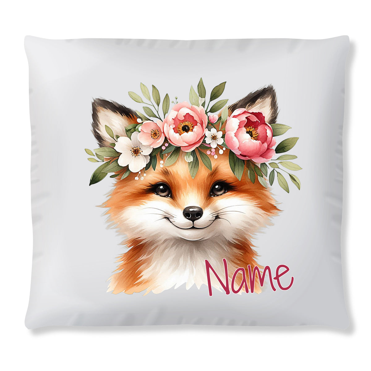 Kissen mit Fuchs, Blumenkranz und personalisierbarem Namen.