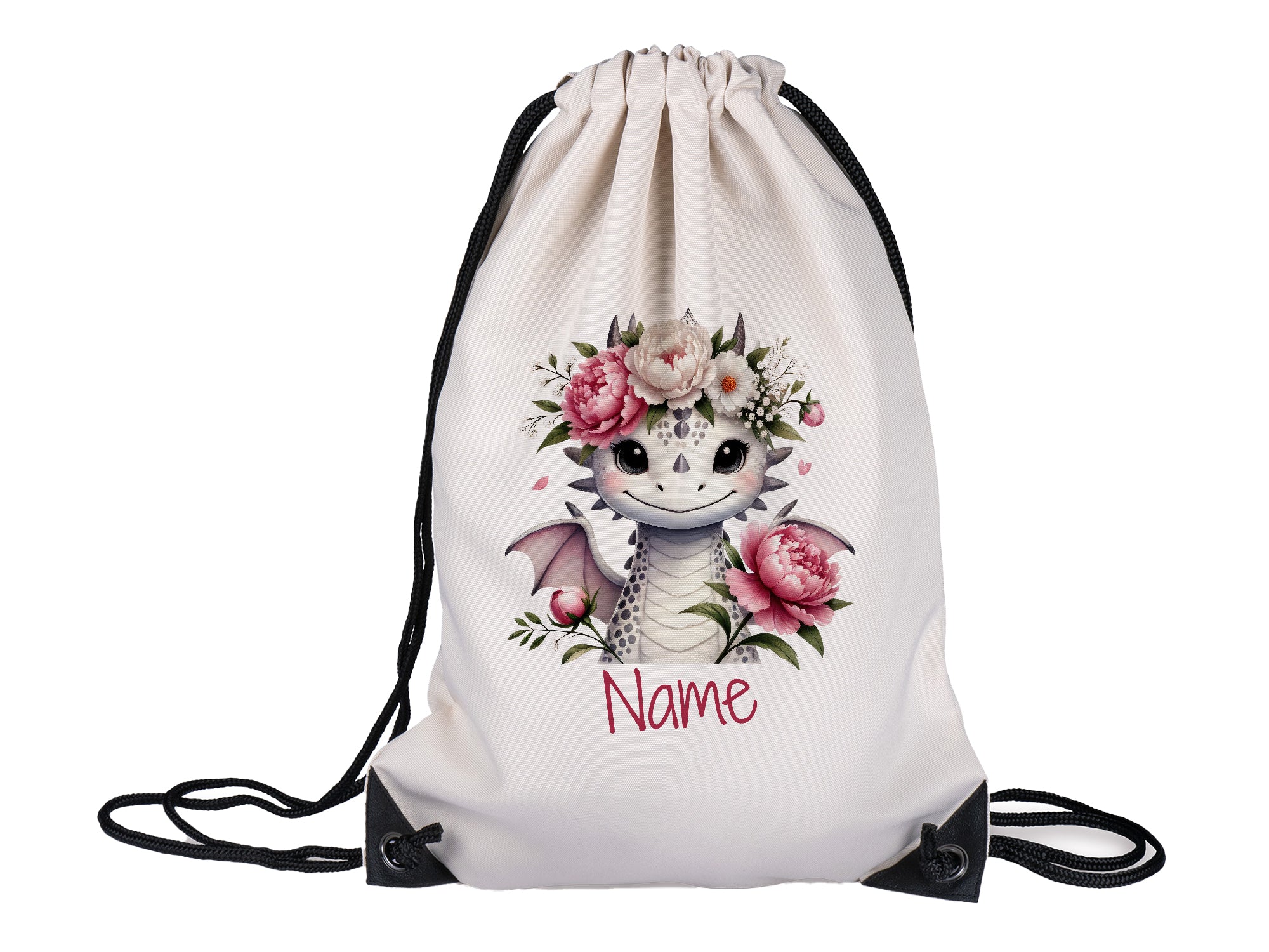 Weißer Rucksack mit Drachenmotiv und Blumen, personalisierbar.