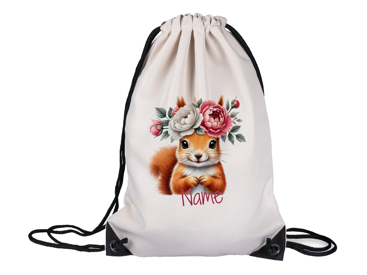Säuglingsbeutel mit Eichhörnchen und Blumenmotiv, weiß.