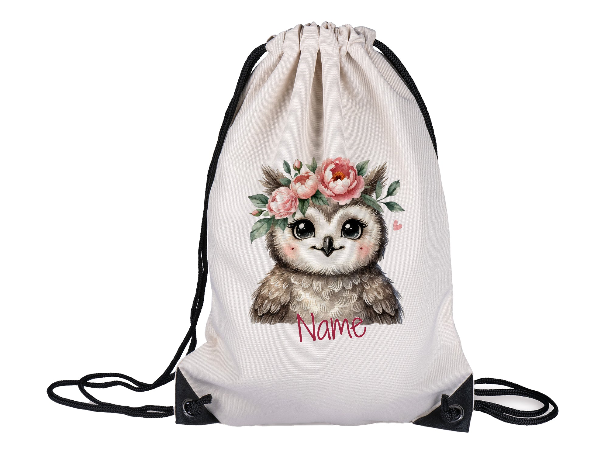 Beige Turnbeutel mit Eule und Blumenmotiv.