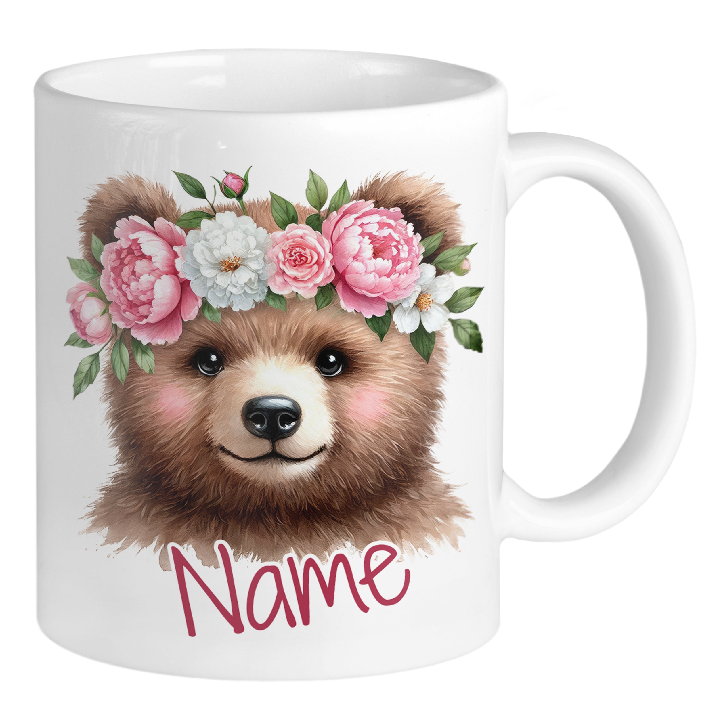 Tasse mit Bärenmotiv und Blumenkranz, personalisierbar.