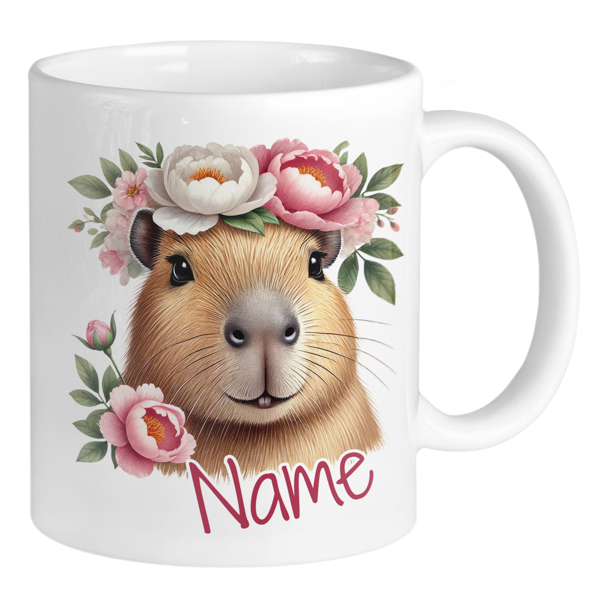 Tasse mit Capybara und Blumenkranz, personalisierbar.