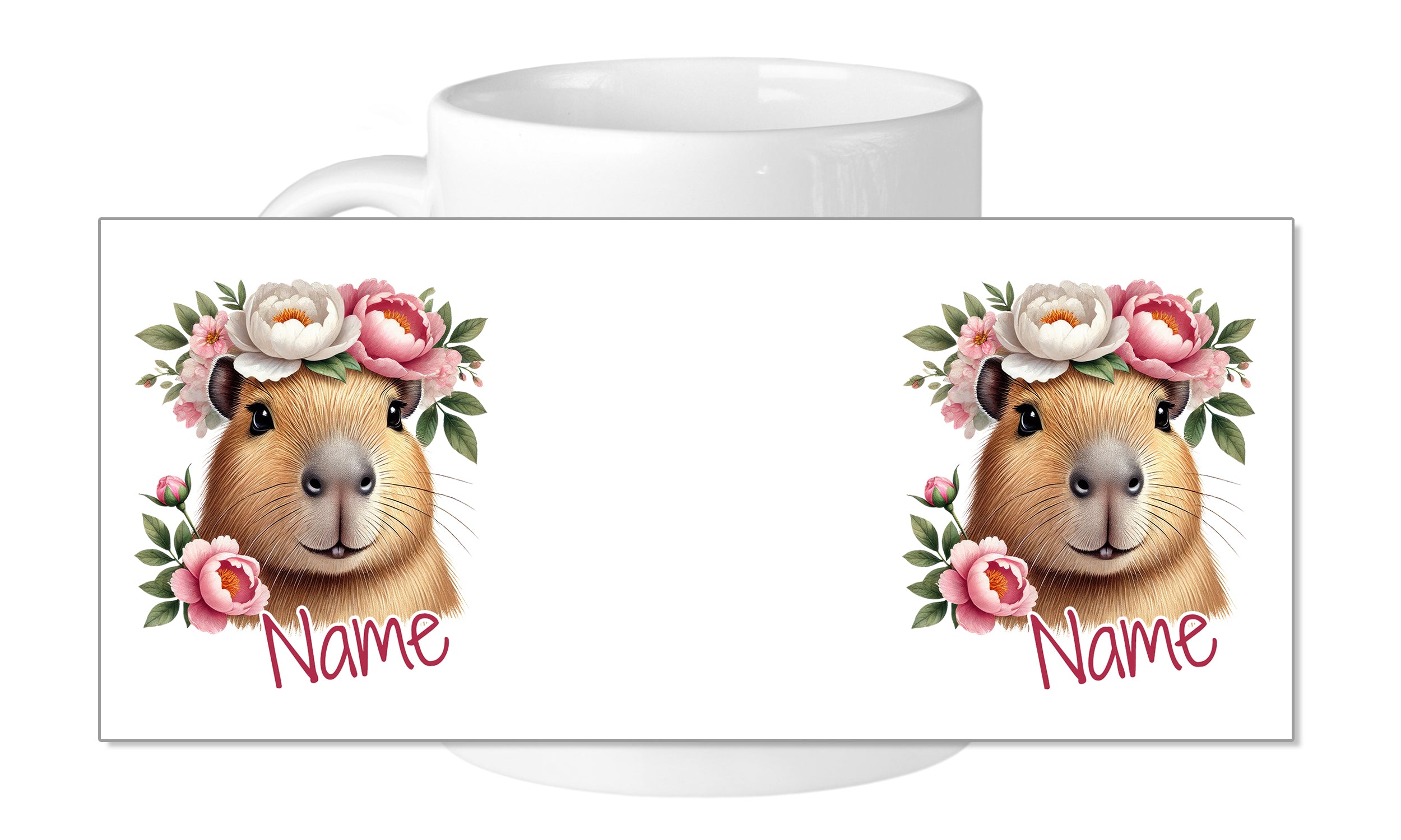 Tasse mit zwei Meerschweinchen und Blumenkranz, personalisierbar.