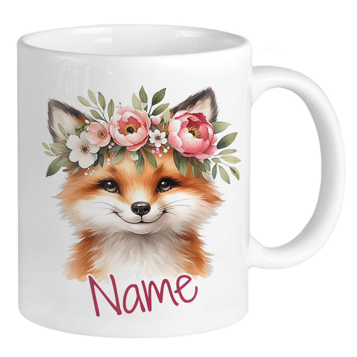Tasse mit Fuchs-Motiv und Blumenkranz, personalisierbar.