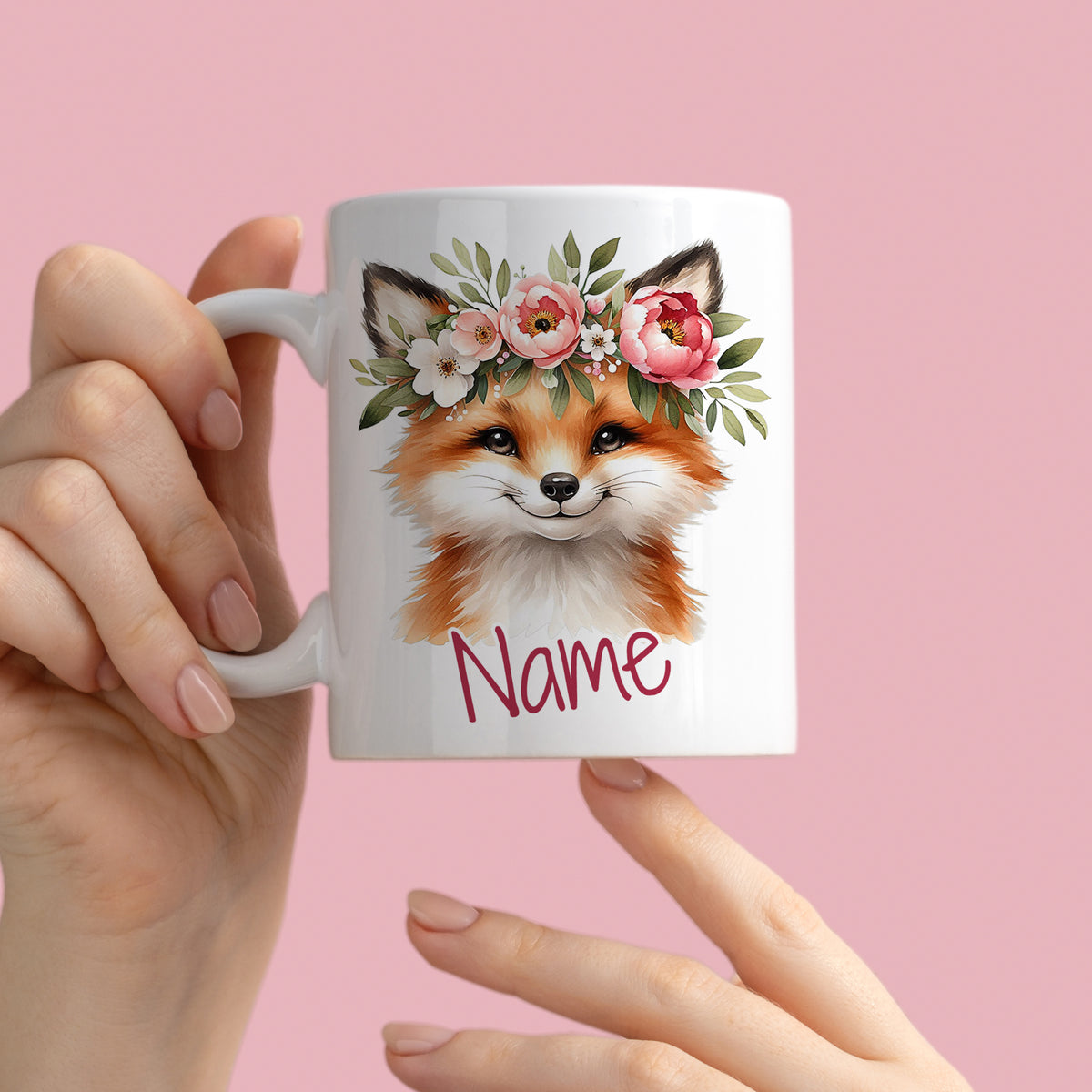 Tasse mit Fuchs-Motiv und Blumenkranz, personalisierbar.