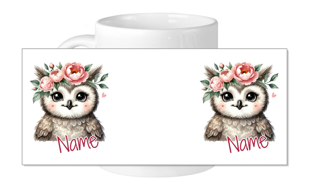 Tasse mit Eule und Blumen, personalisierbar mit Namen.