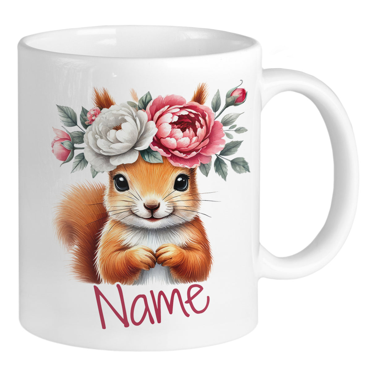 Tasse mit Eichhörnchen und Blumenkranz, personalisierbar.