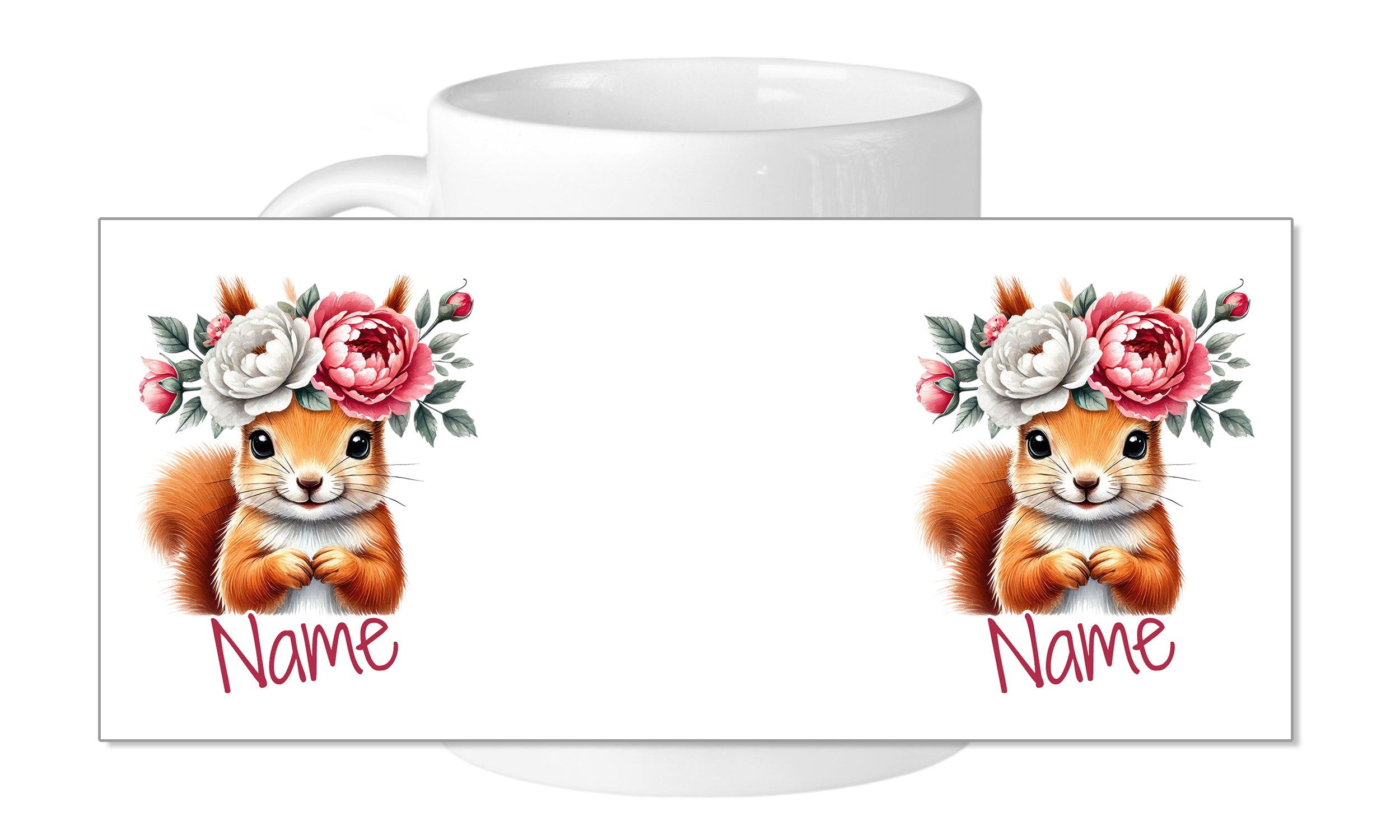 Tasse mit Eichhörnchen und Blumen, personalisierbar.