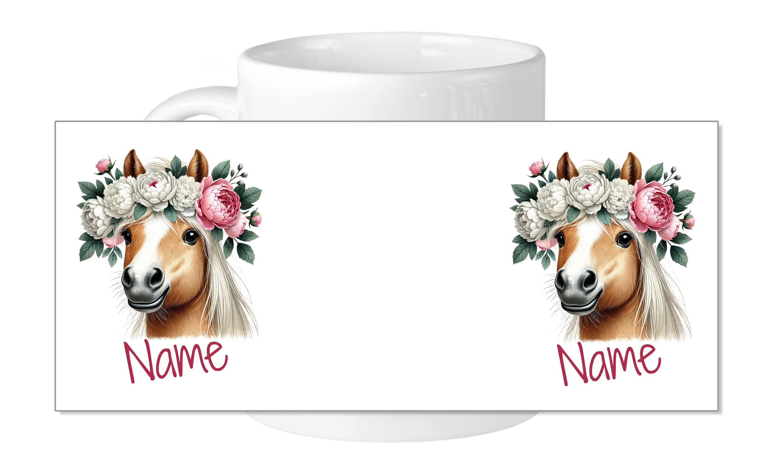 Tasse mit Pferdekopf und Blumenkranz, personalisierbar.