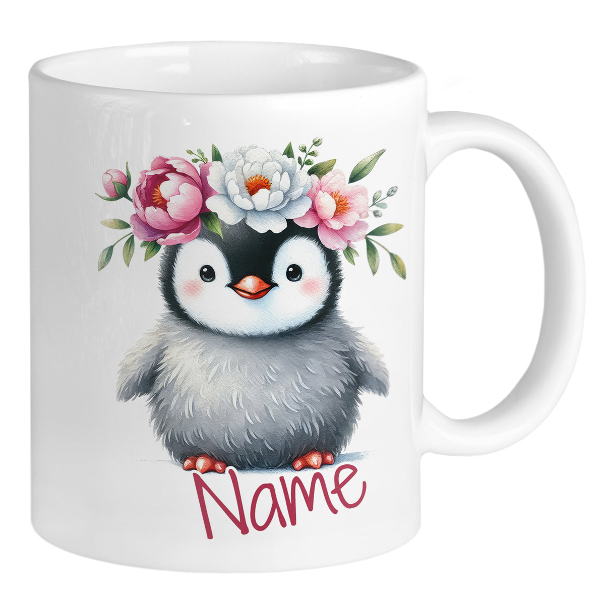 Kaffeetasse mit niedlichem Pinguin und Blumenkranz.