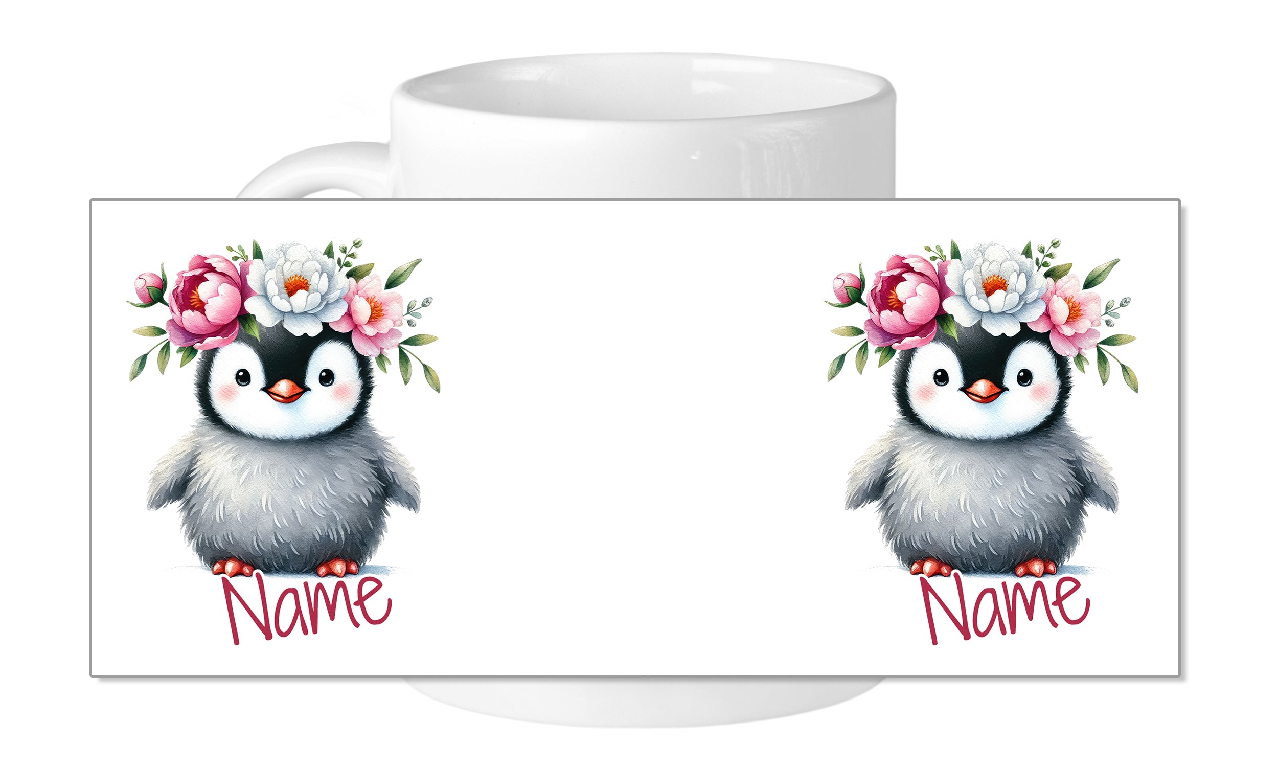 Tasse mit zwei niedlichen Pinguinen und Blumenkränzen.