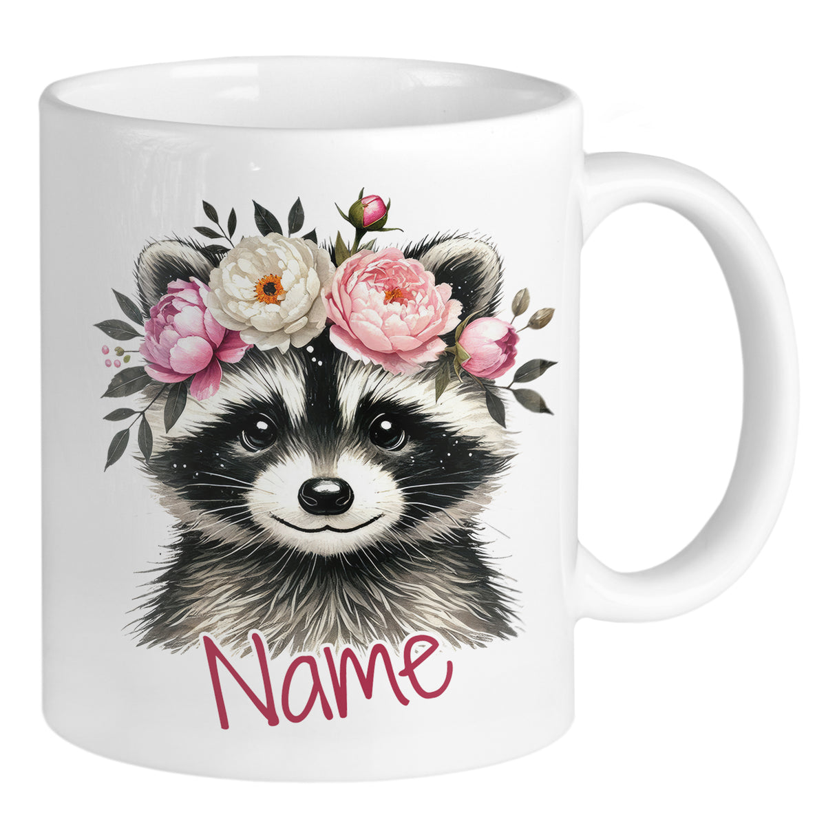 Tasse mit niedlichem Waschbären und Blumenkranz, personalisierbar.