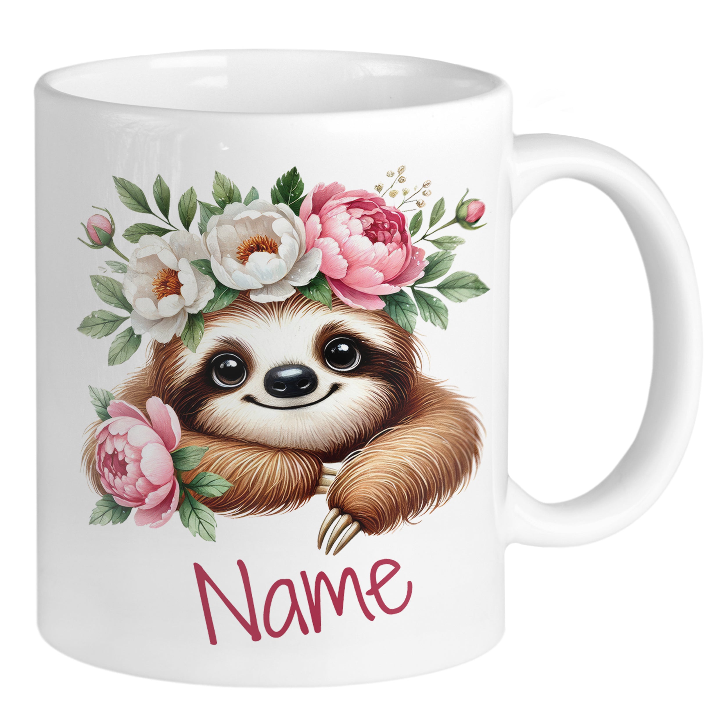 Tasse mit niedlichem Faultier und Blumenmotiv, personalisierbar.