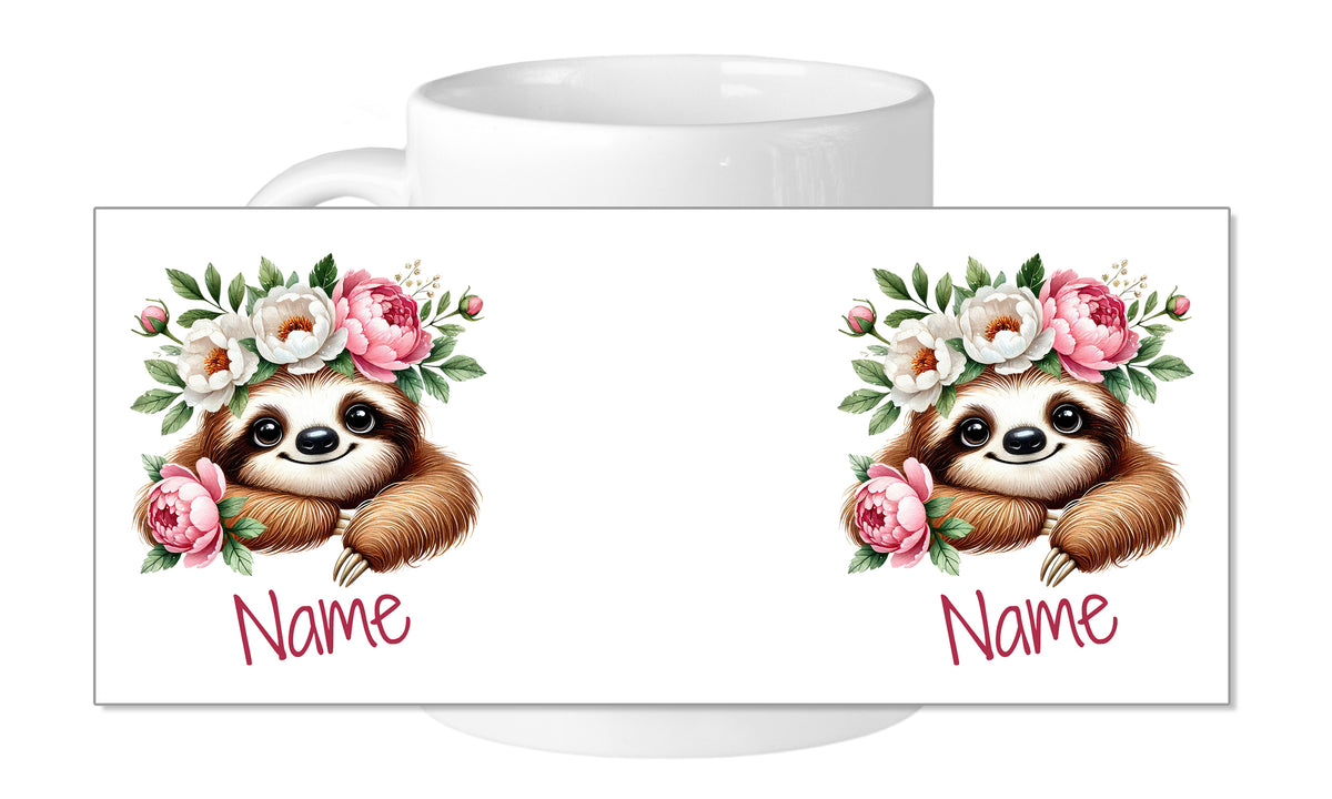 Kaffeetasse mit zwei Faultieren und Blumenkranz.