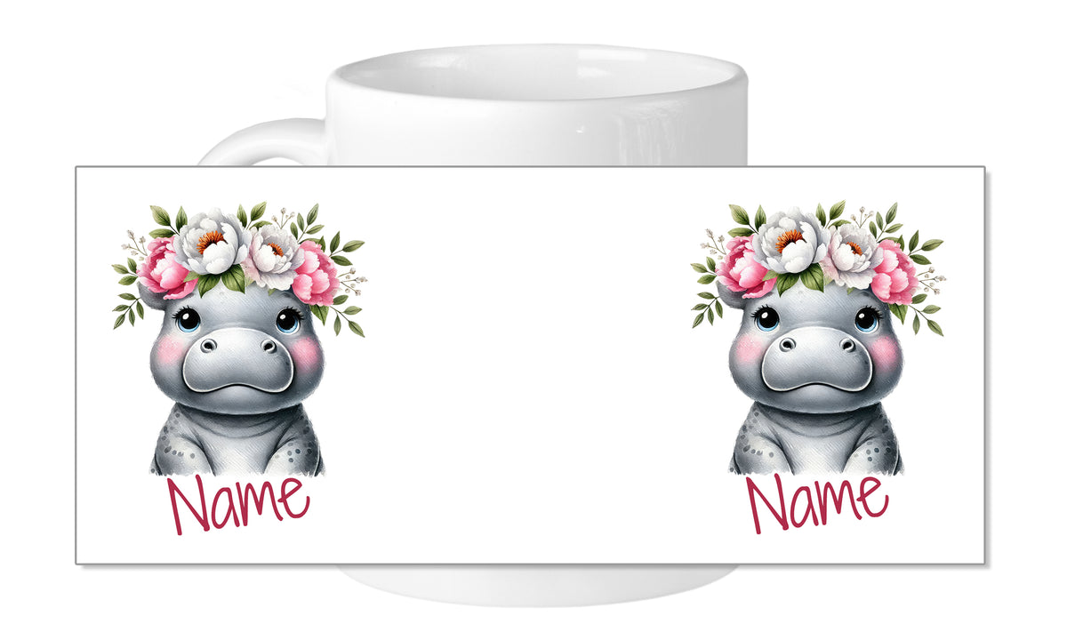 Tasse mit zwei niedlichen Nilpferden und Blumenkranz.