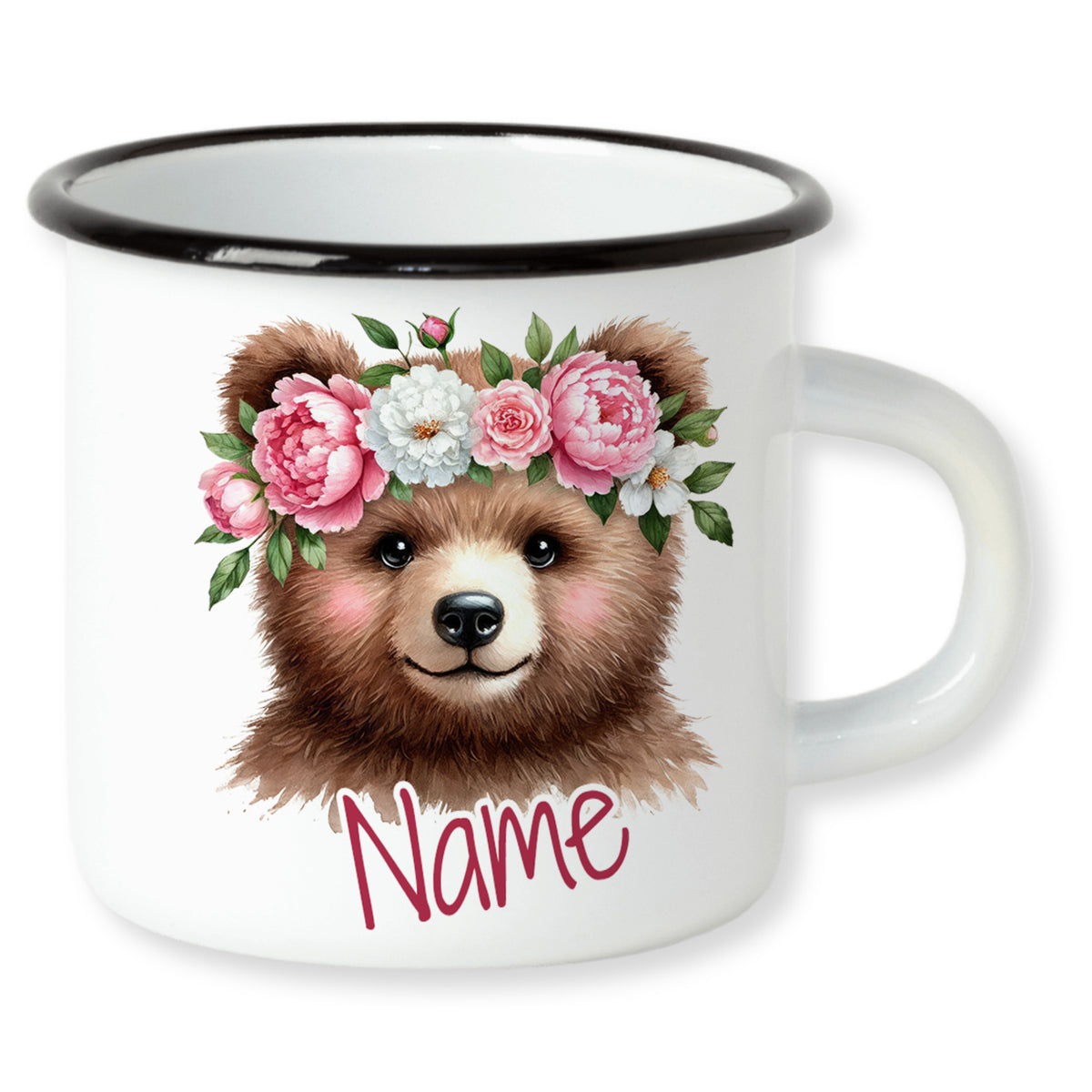 Emaille-Tasse mit Bärenmotiv und Blumenkranz, personalisierbar.