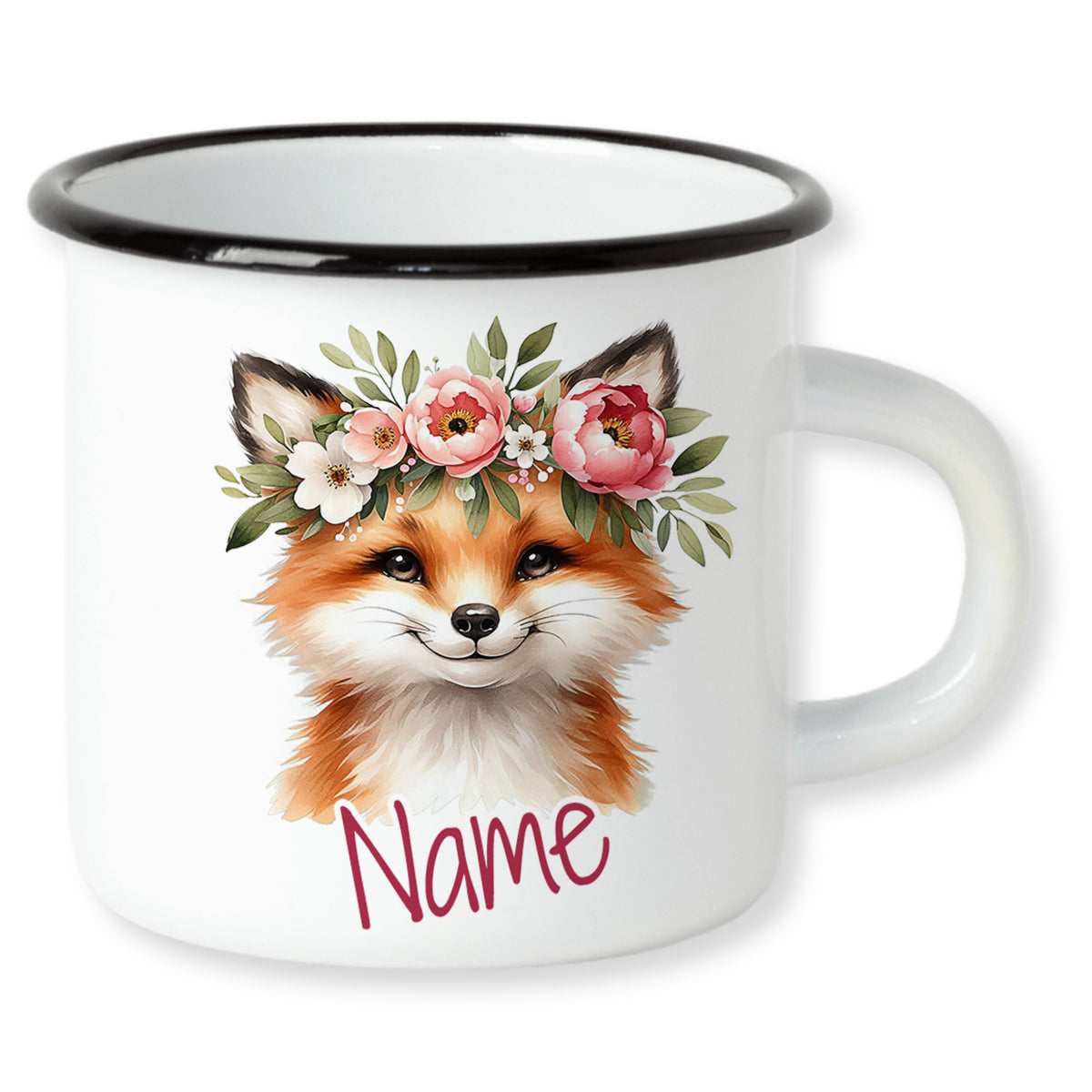 Emaille-Tasse mit Fuchs und Blumenkranz, personalisierbar.