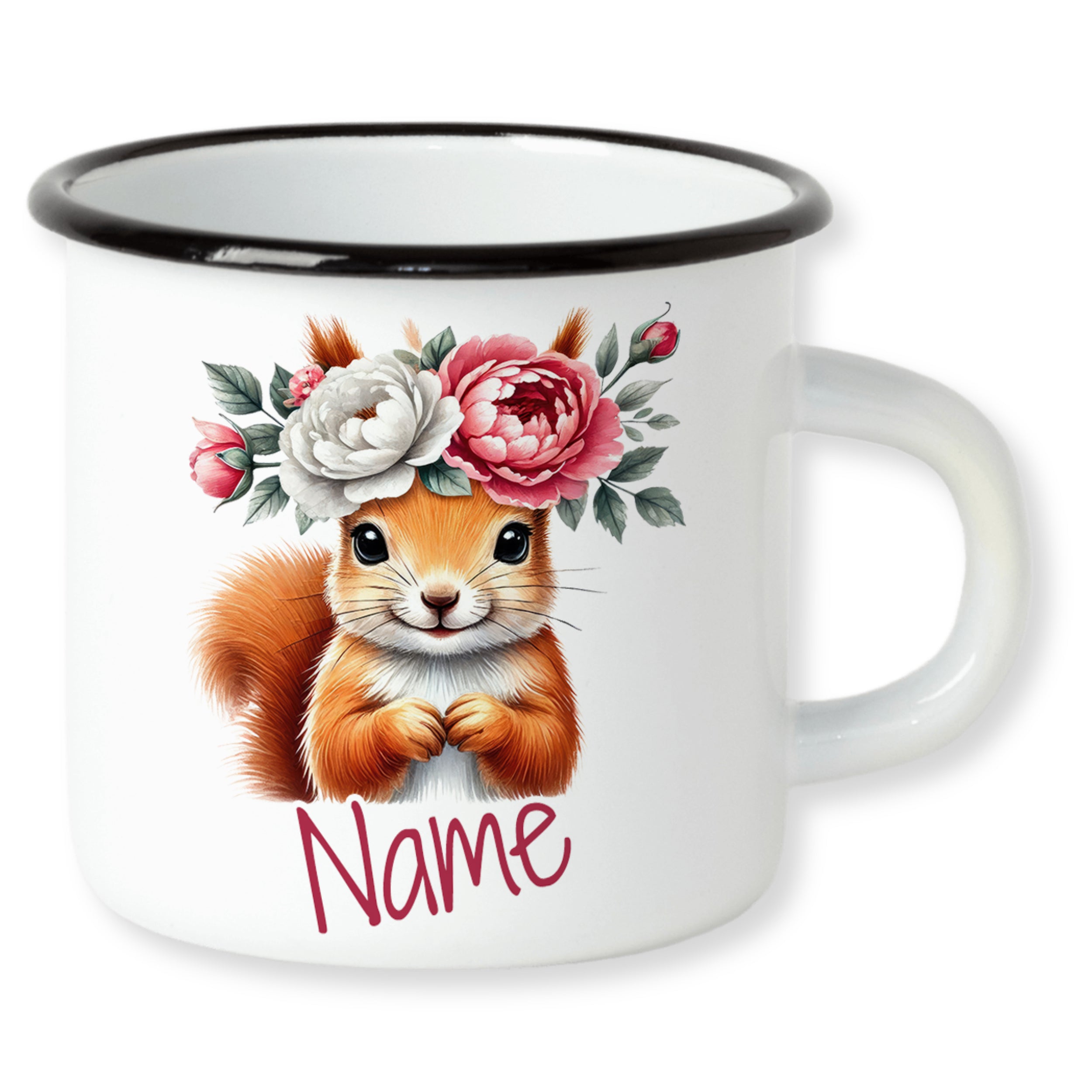 Emaille-Tasse mit Eichhörnchen und Blumenmotiv, weiß und schwarz.