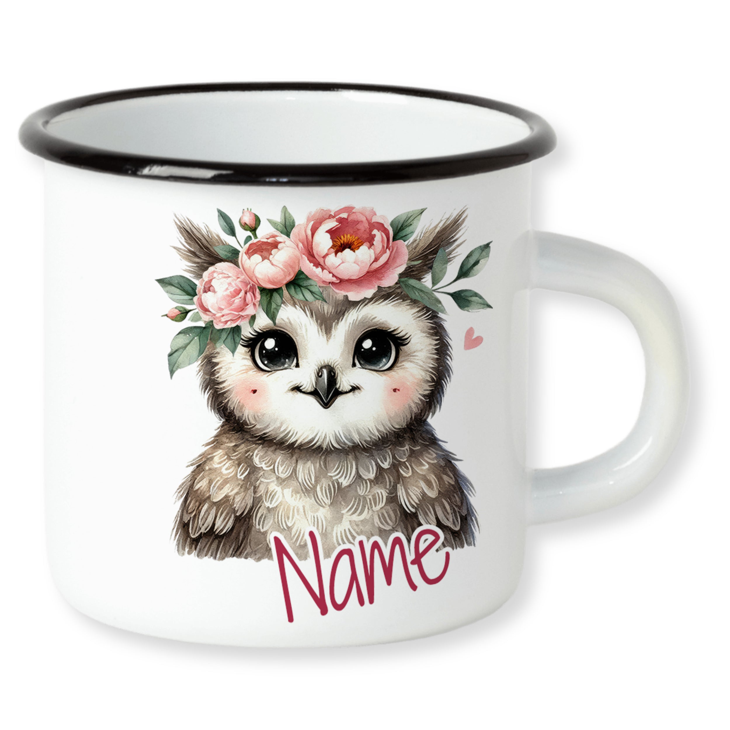 Weißer Emaillebecher mit Eule und Blumenmotiv.