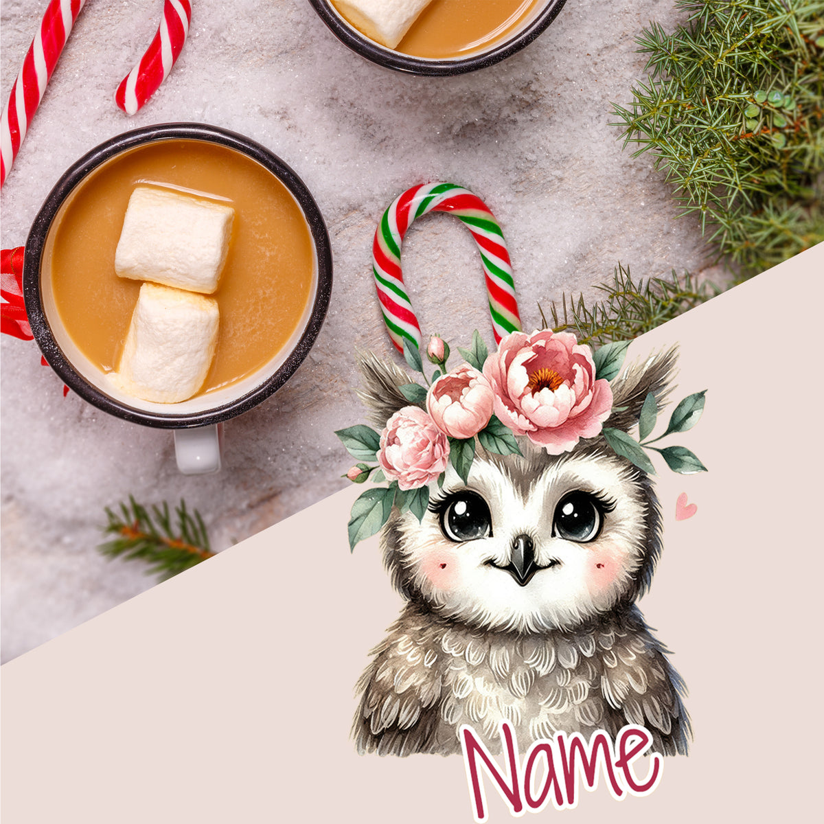 Kaffeetasse mit Marshmallows und süßer Eule mit Blumenkranz.