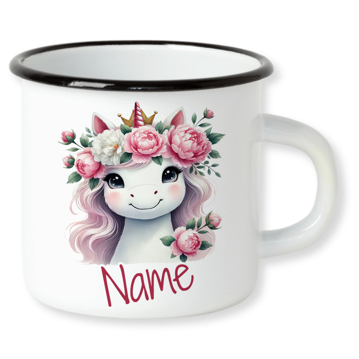 Weißer Emaillebecher mit einem Einhorn und Blumenmotiven.