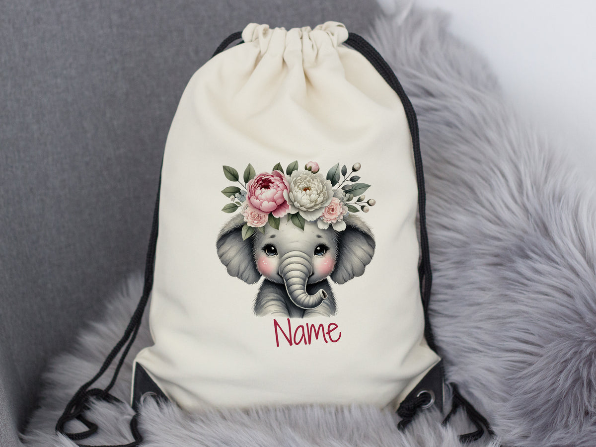 Beiger Rucksack mit Elefant und Blumenmotiv, personalisierbar.