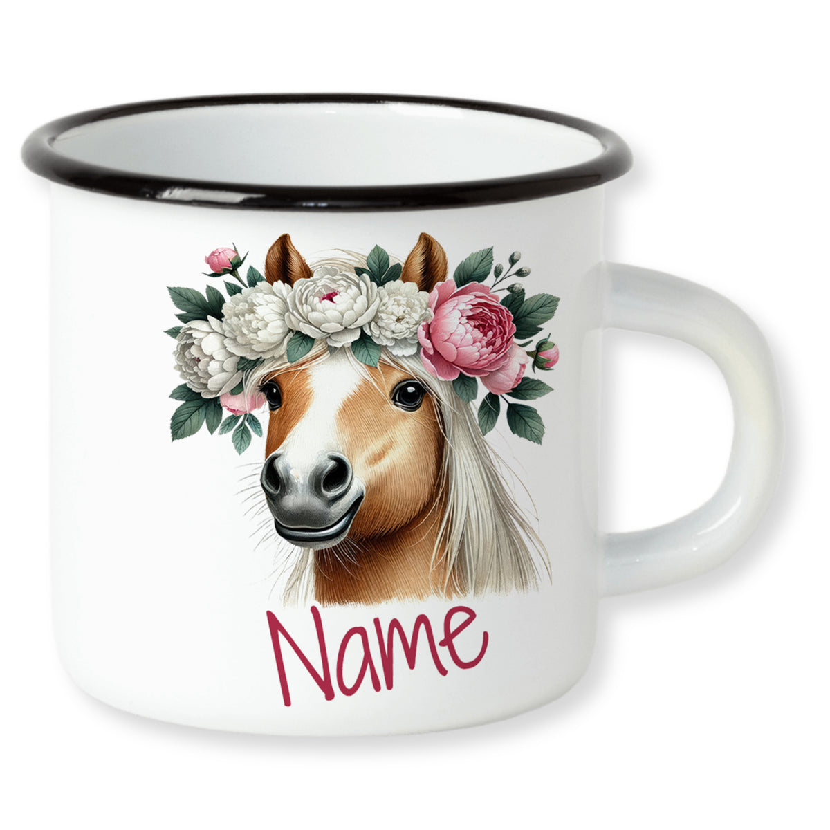 Emaille-Tasse mit Pferde-Design und Blumenkranz.