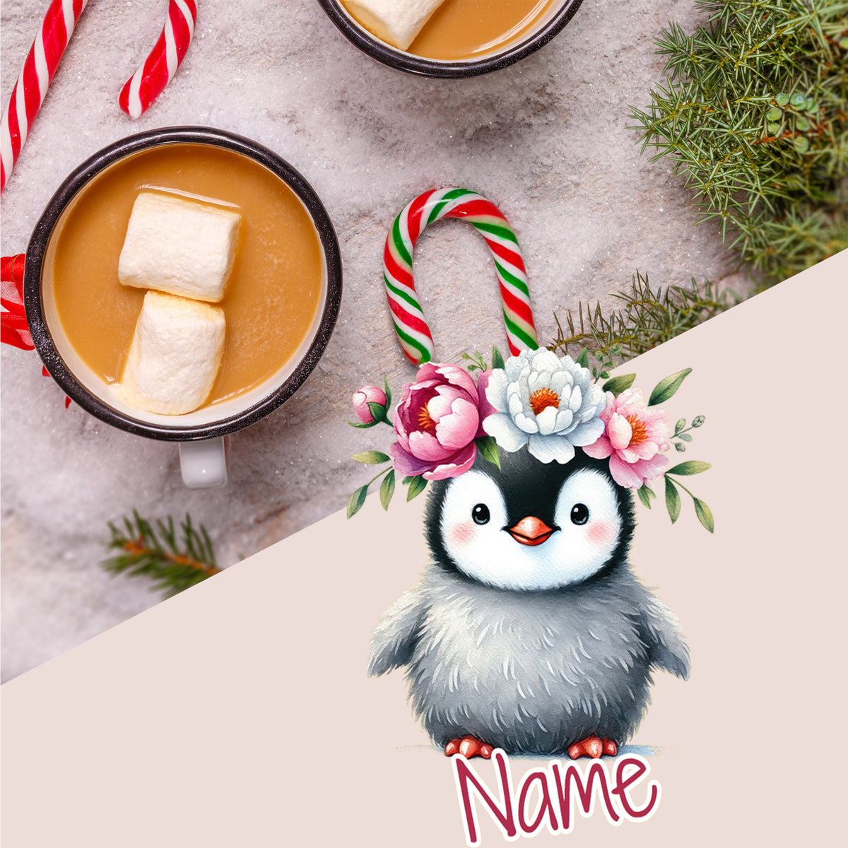 Kaffeetasse mit Marshmallows, niedlicher Pinguin mit Blumenkranz.