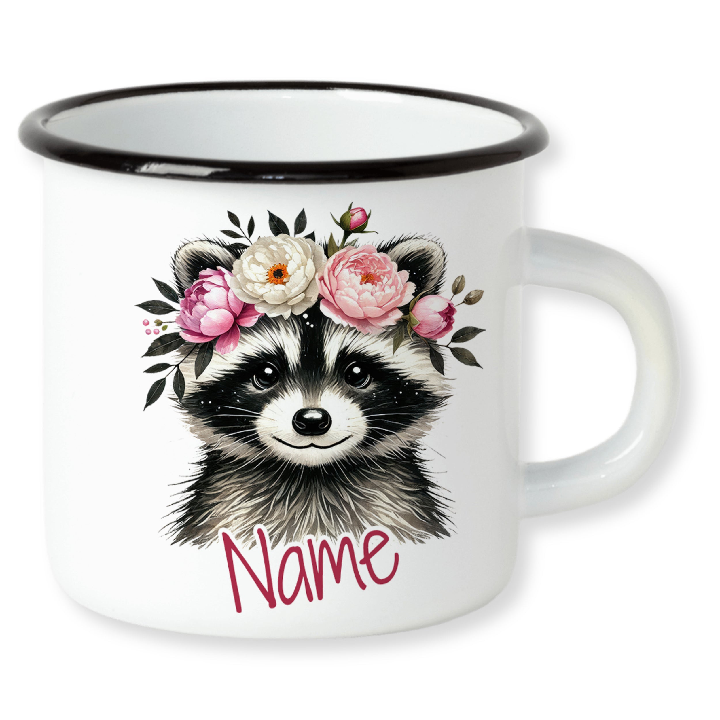 Emaille-Tasse mit Waschbär und Blumenmotiv, personalisierbar.