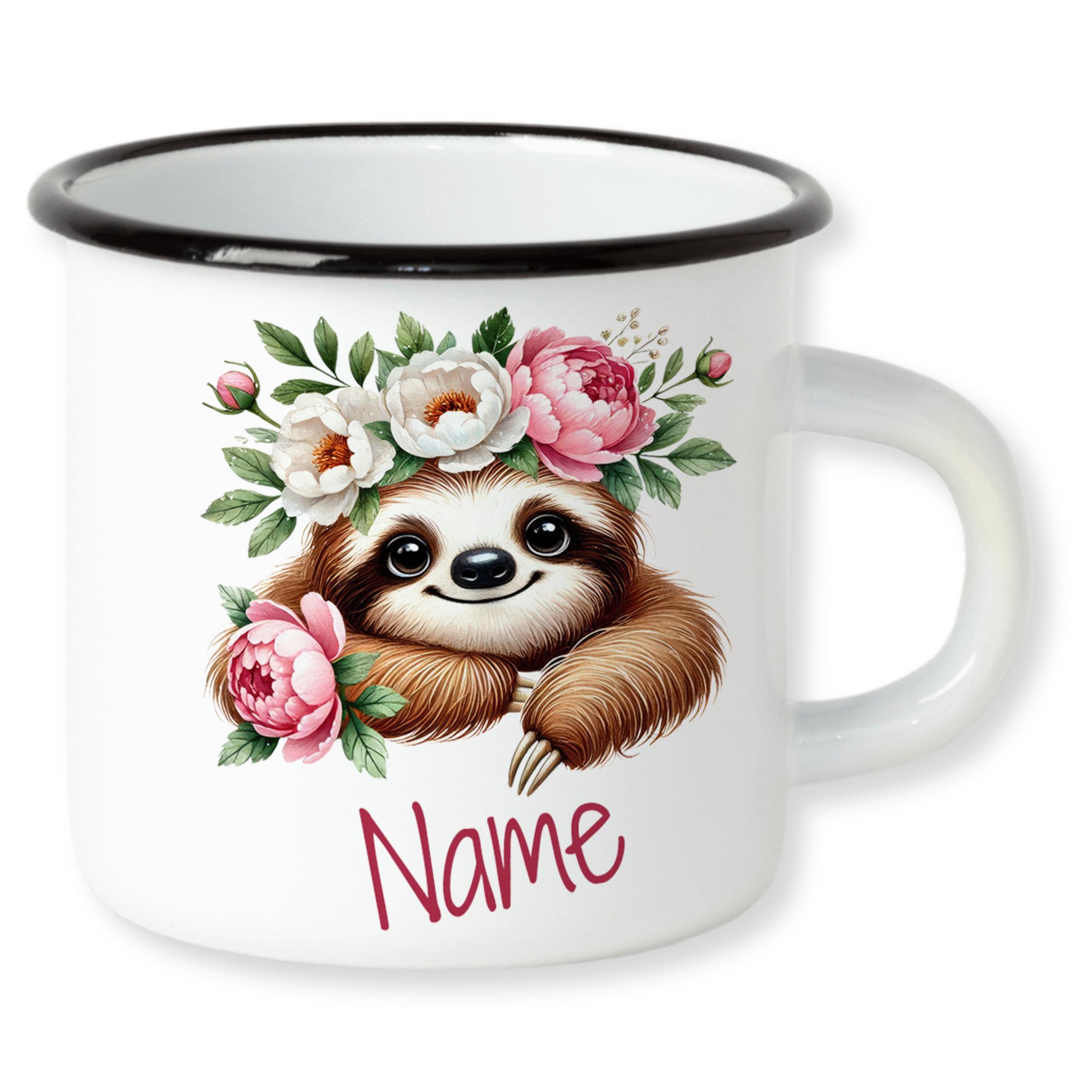 Emaillebecher mit Faultier und Blumen, personalisierbar.