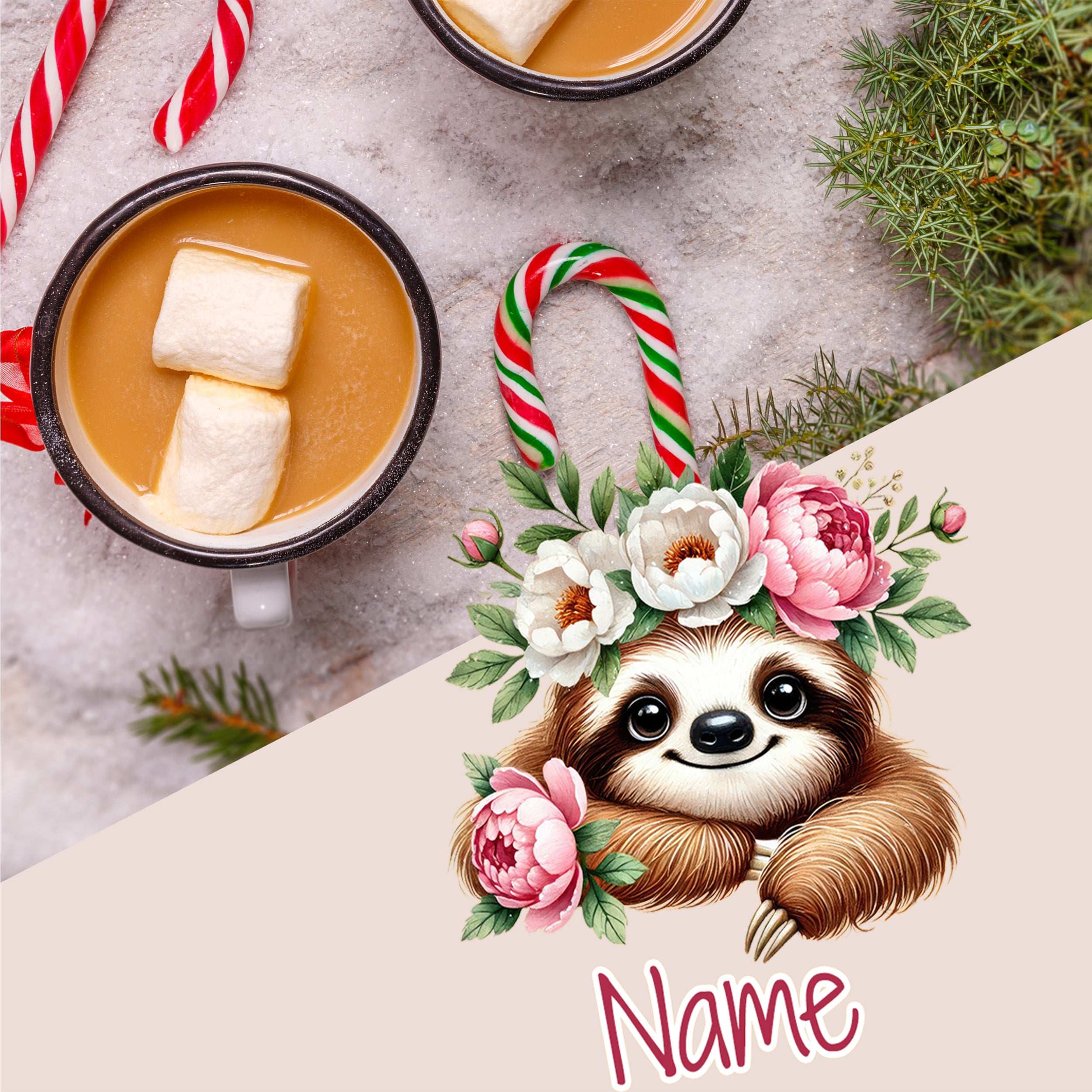 Süßes Faultier mit Blumen, Tasse mit heißem Getränk und Marshmallows.