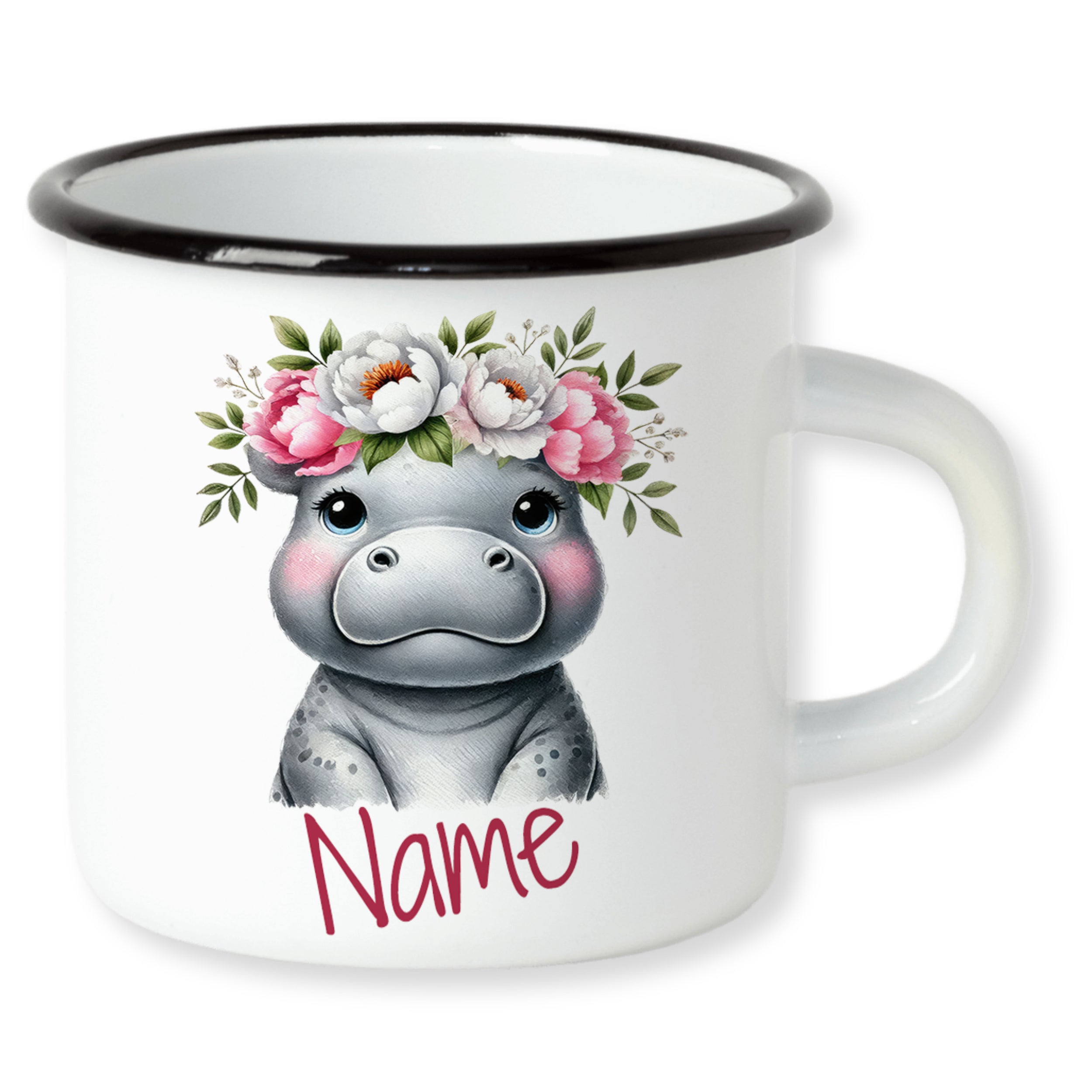 Emaille-Tasse mit einem Hippo und Blumenkranz, personalisierbar.