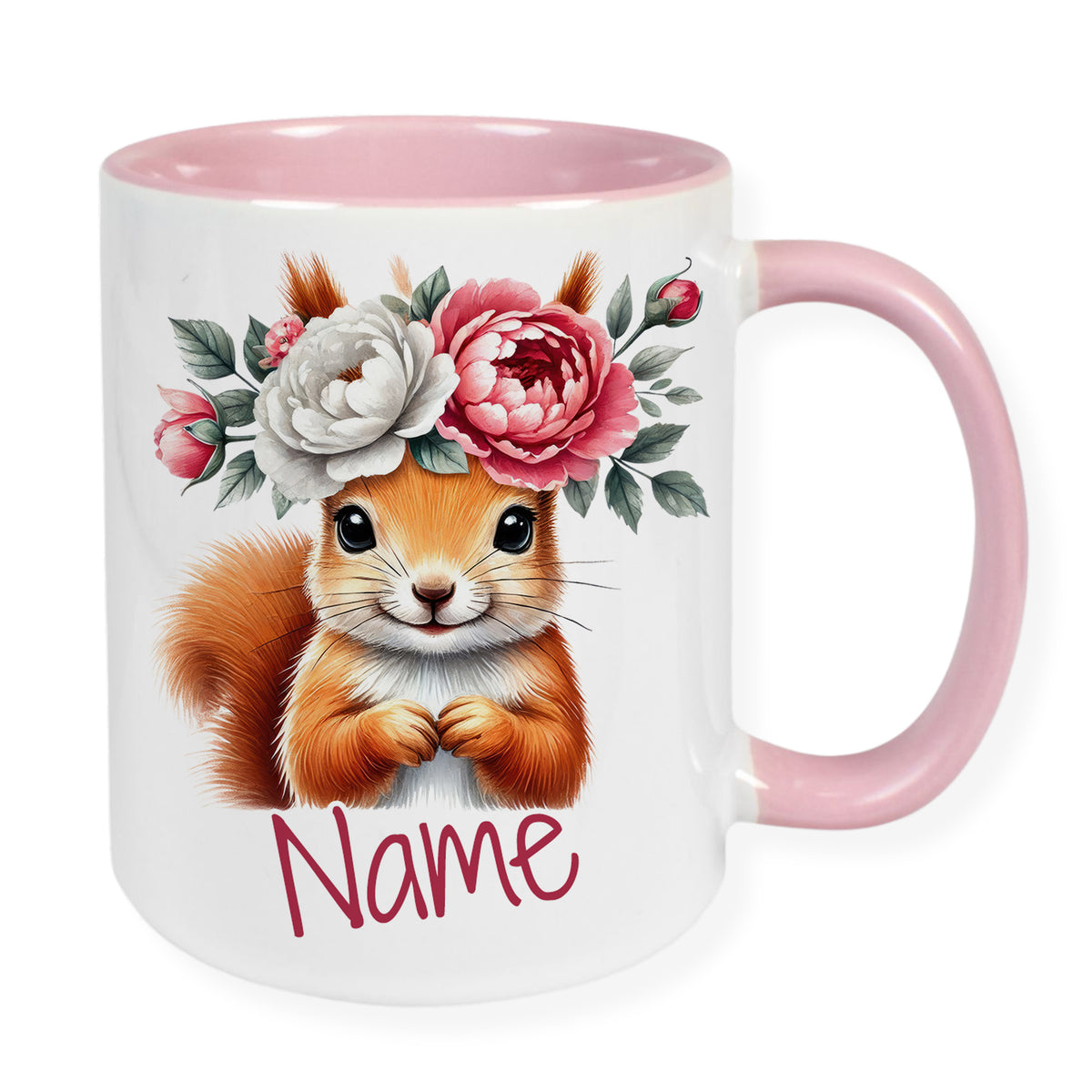 Tasse mit Eichhörnchen und Blumen