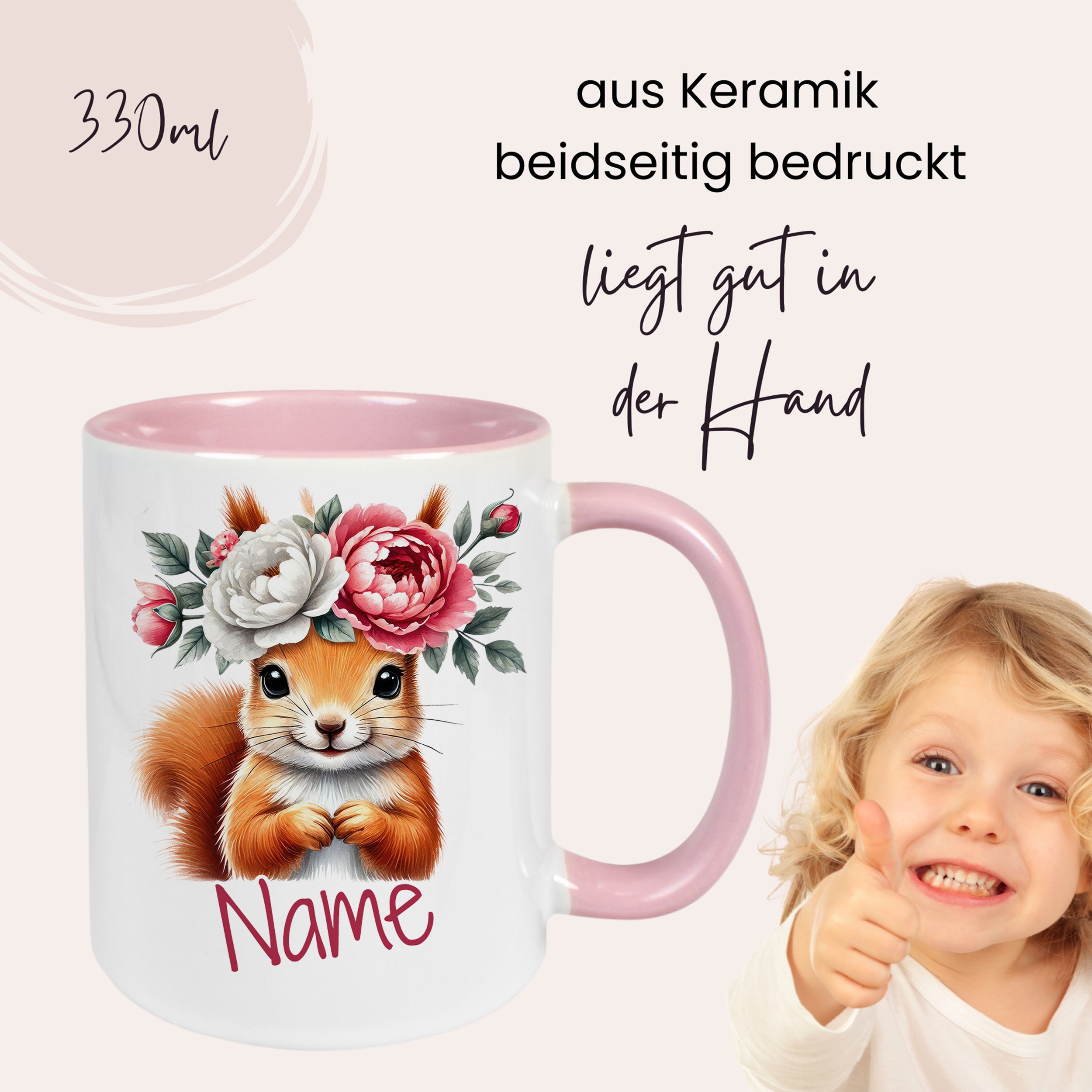 Tasse mit Eichhörnchen und Blumen