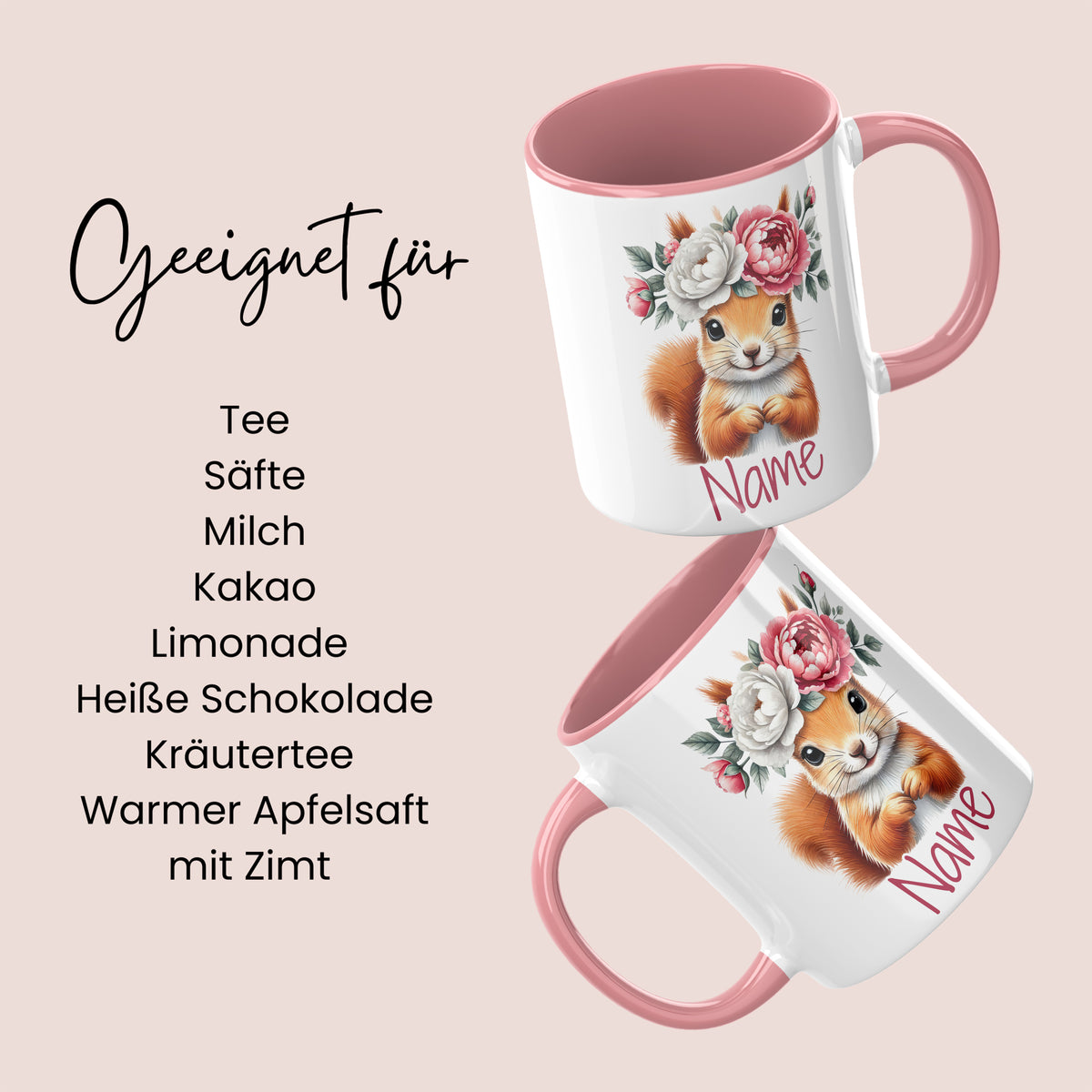 Tasse mit Eichhörnchen und Blumen