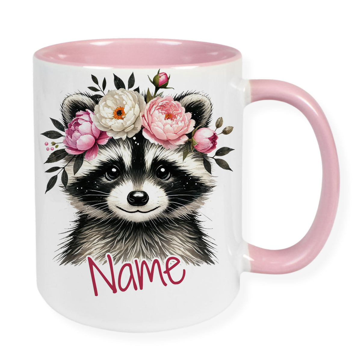 Tasse mit Waschbär und Blumen
