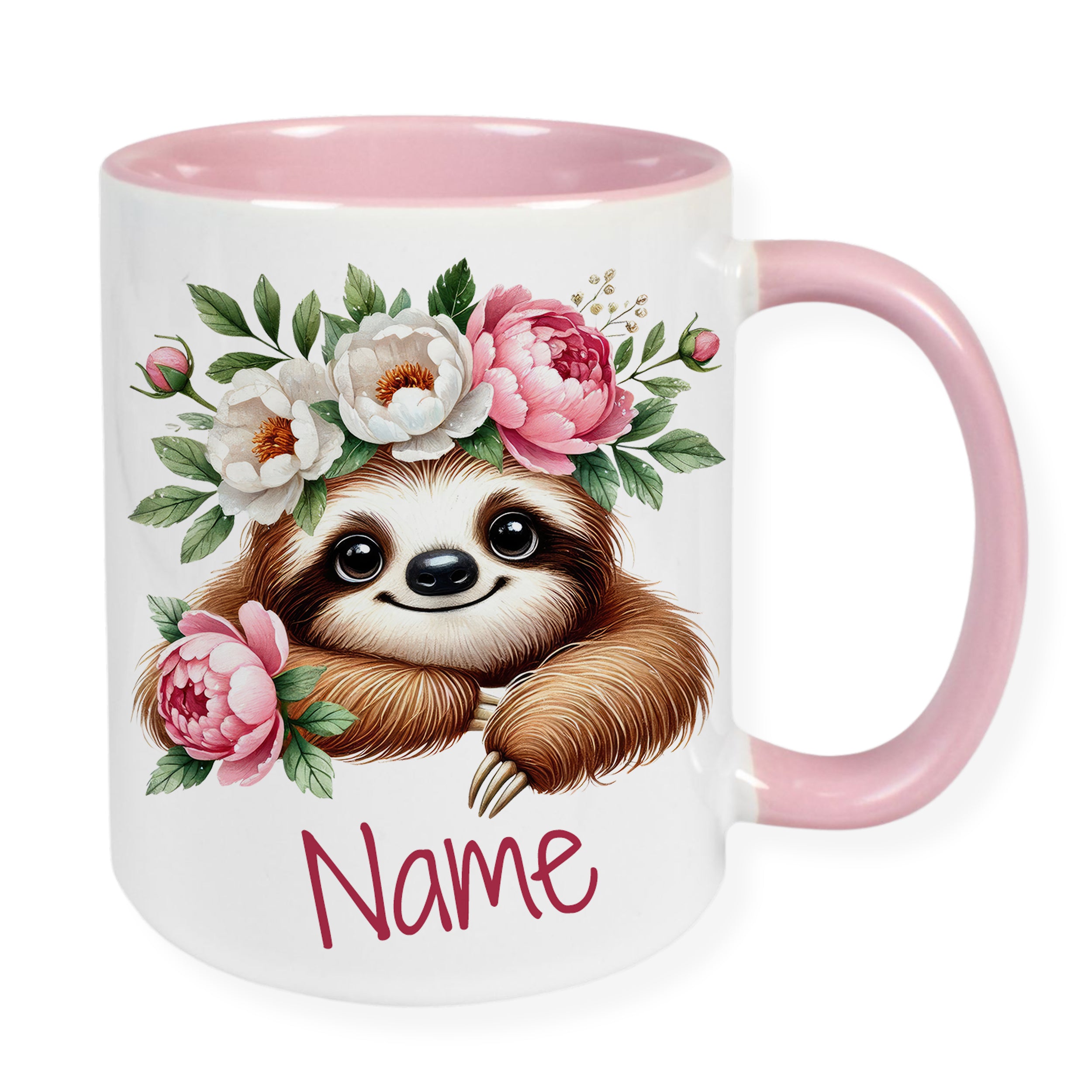 Tasse mit Faultier und Blumen