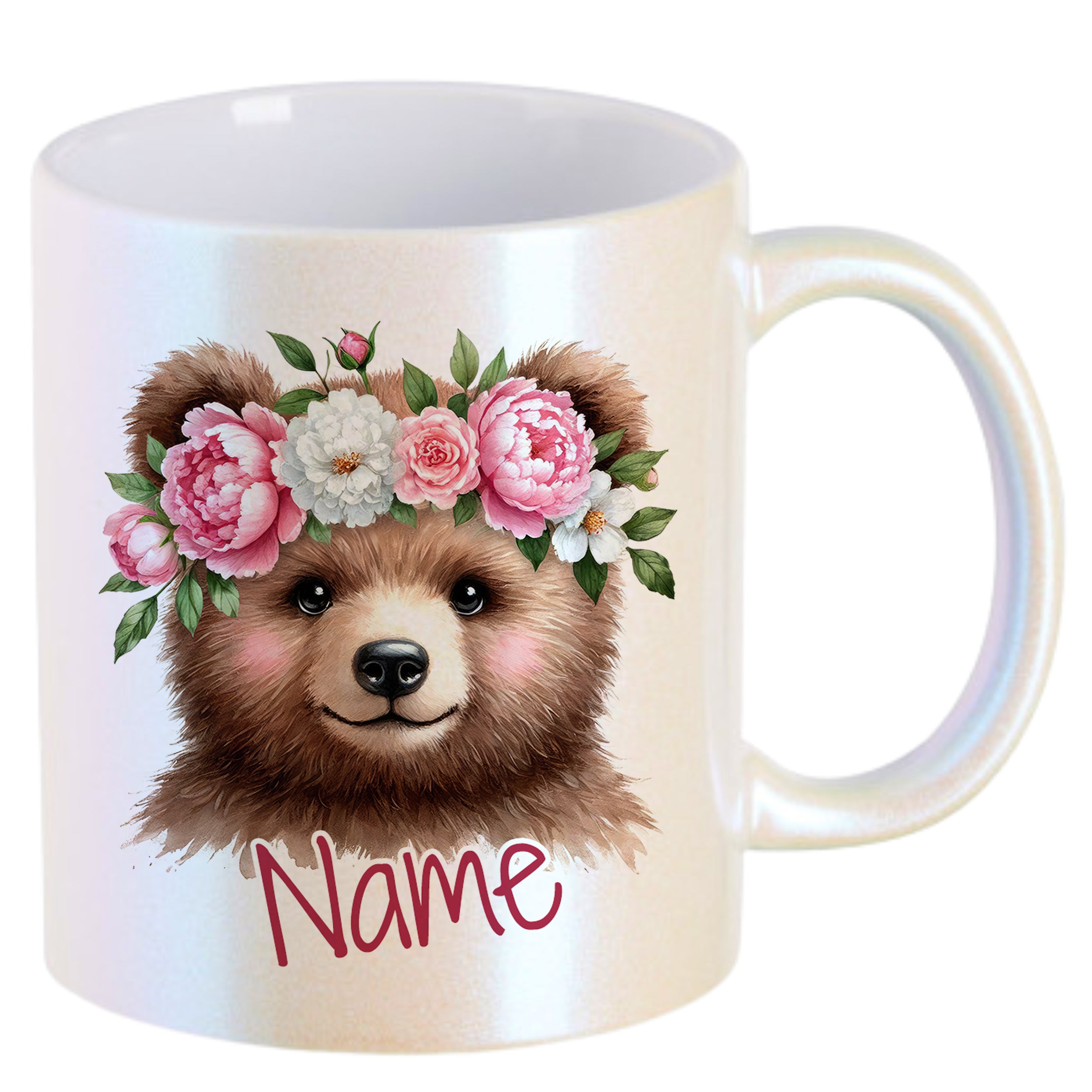 Tasse mit bärigem Gesicht und Blumenkranz, personalisierbar.