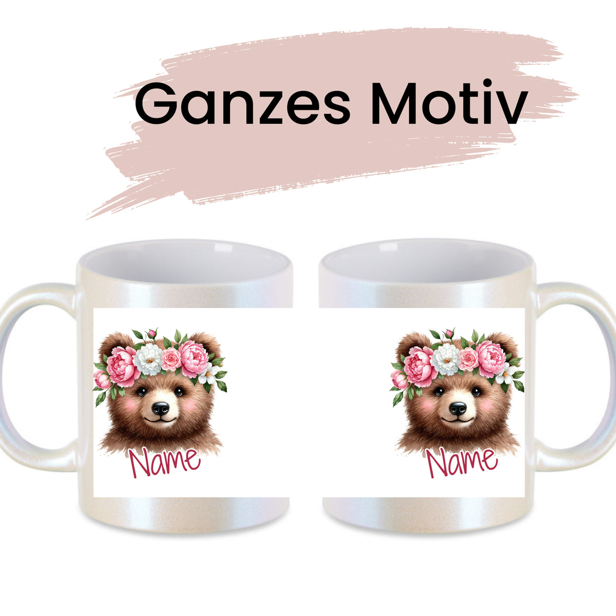 Tasse mit braunem Bären und Blumenkranz, personalisierbar.