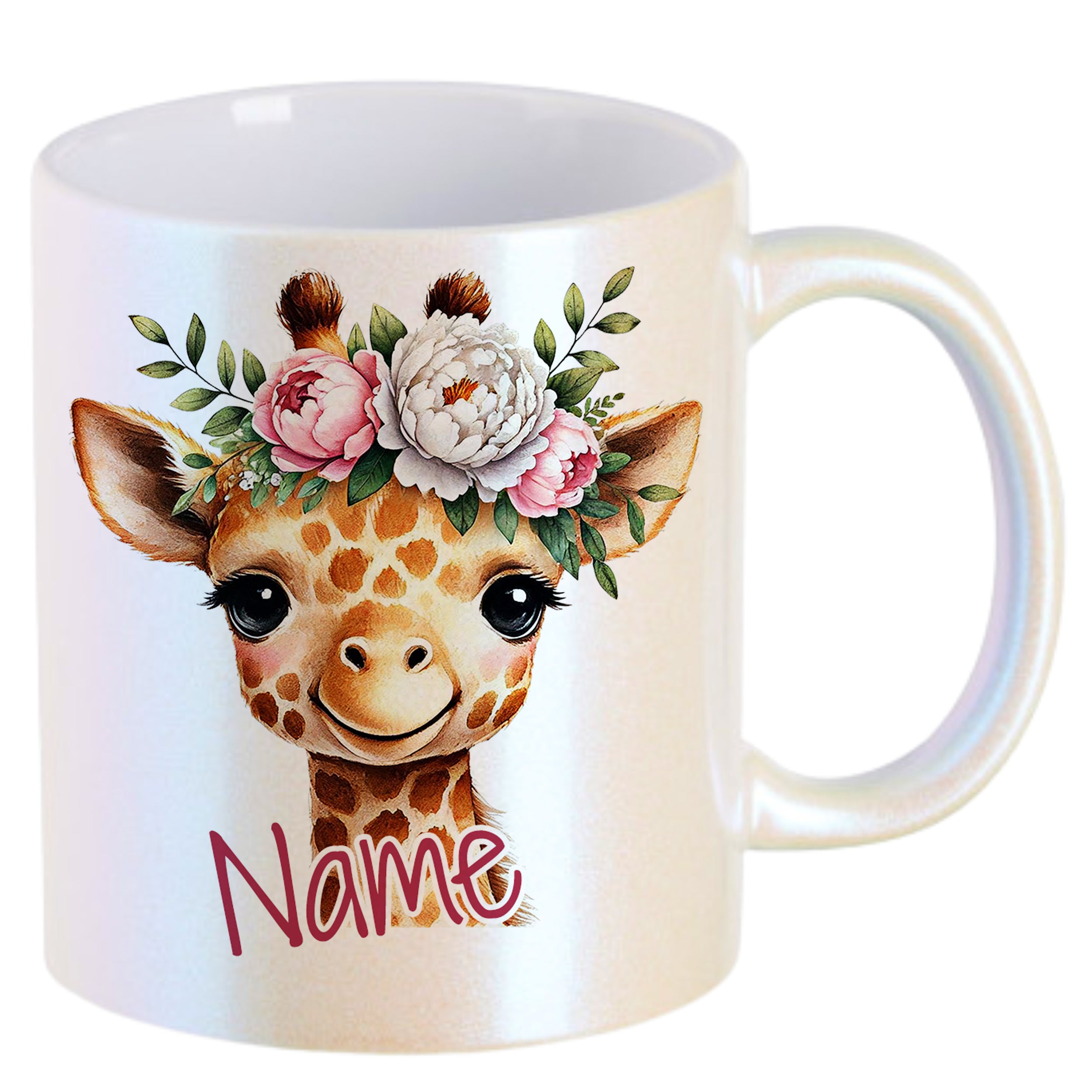 Tasse mit Giraffe, Blumenkranz und personalisiertem Namen.