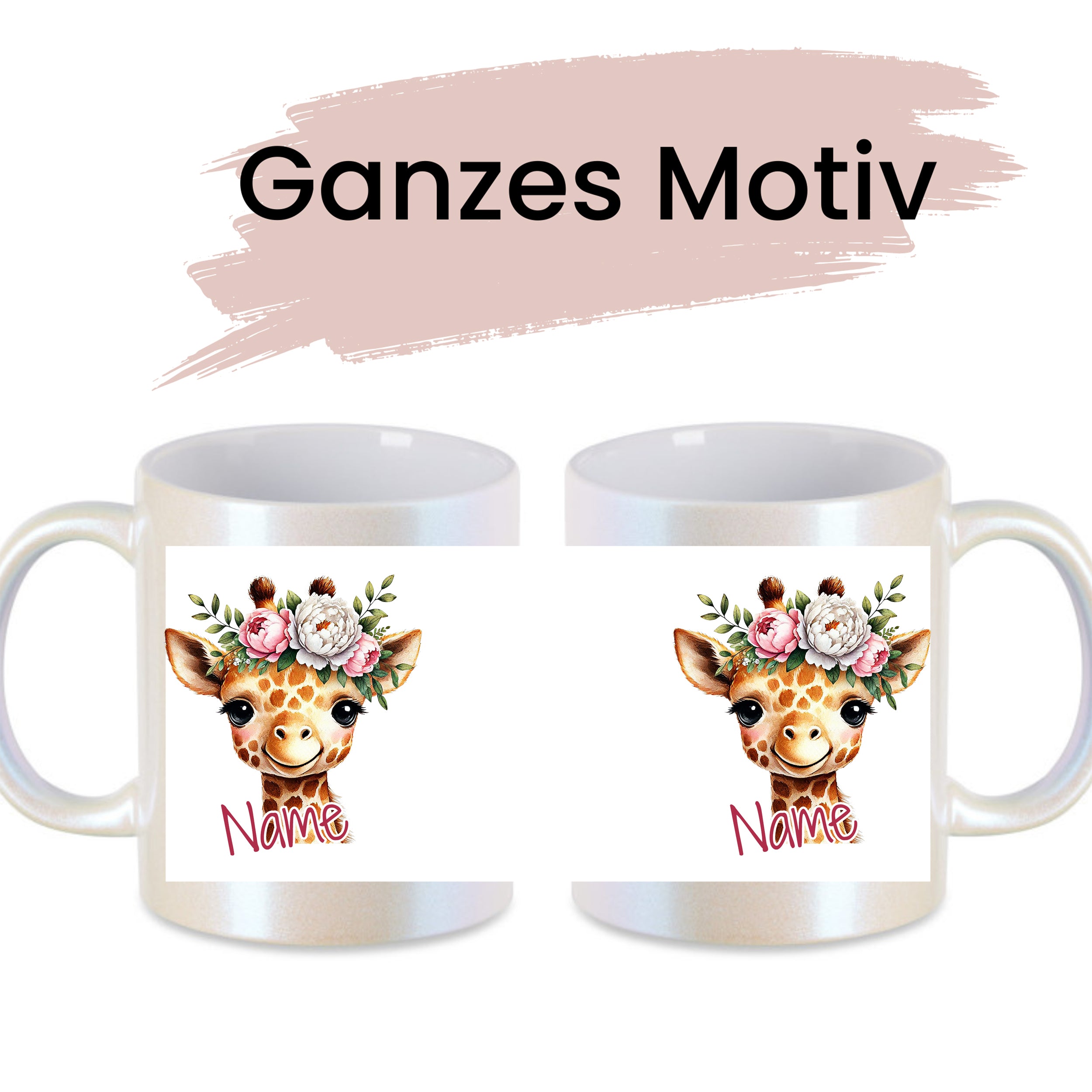 Tassen mit Giraffenmotiv und Blumenkranz, personalisierbar.