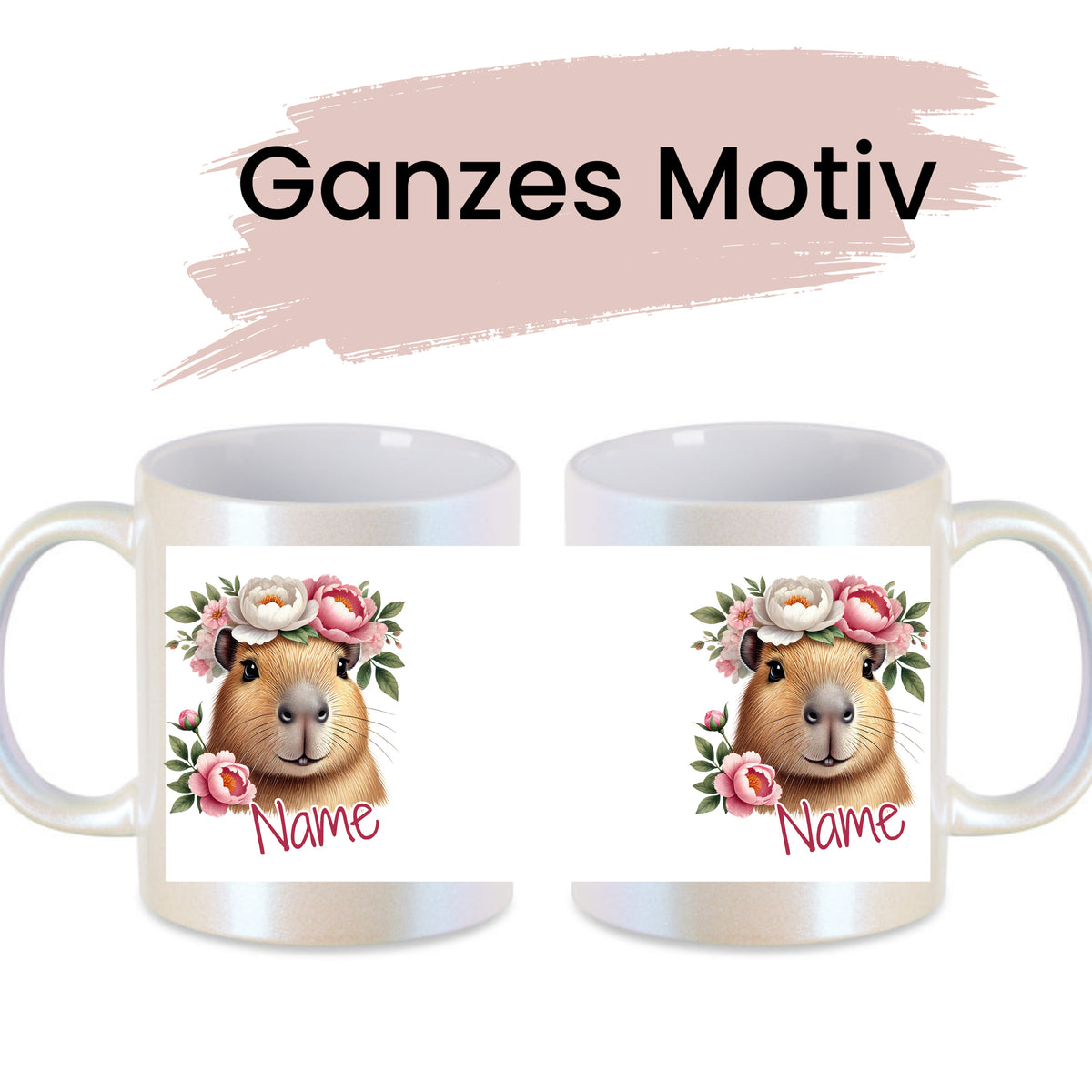 Tassen mit Tiermotiv und Blumen, personalisierbar.