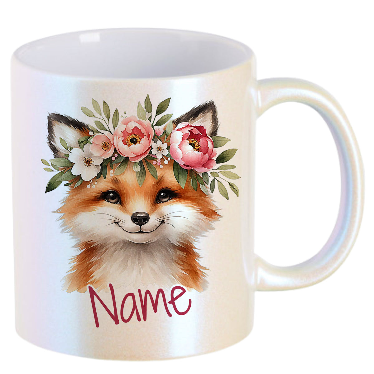 Tasse mit Fuchs-Motiv und Blumenkranz, personalisierbar.