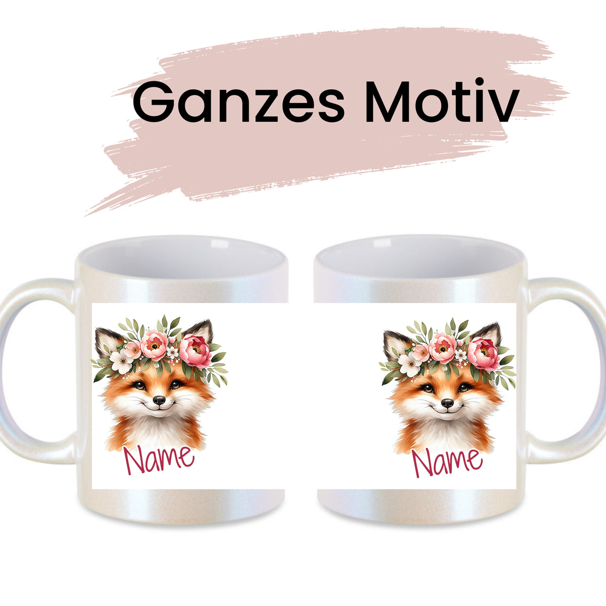 Tasse mit Fuchsdesign und Blumenkranz, personalisierbar.