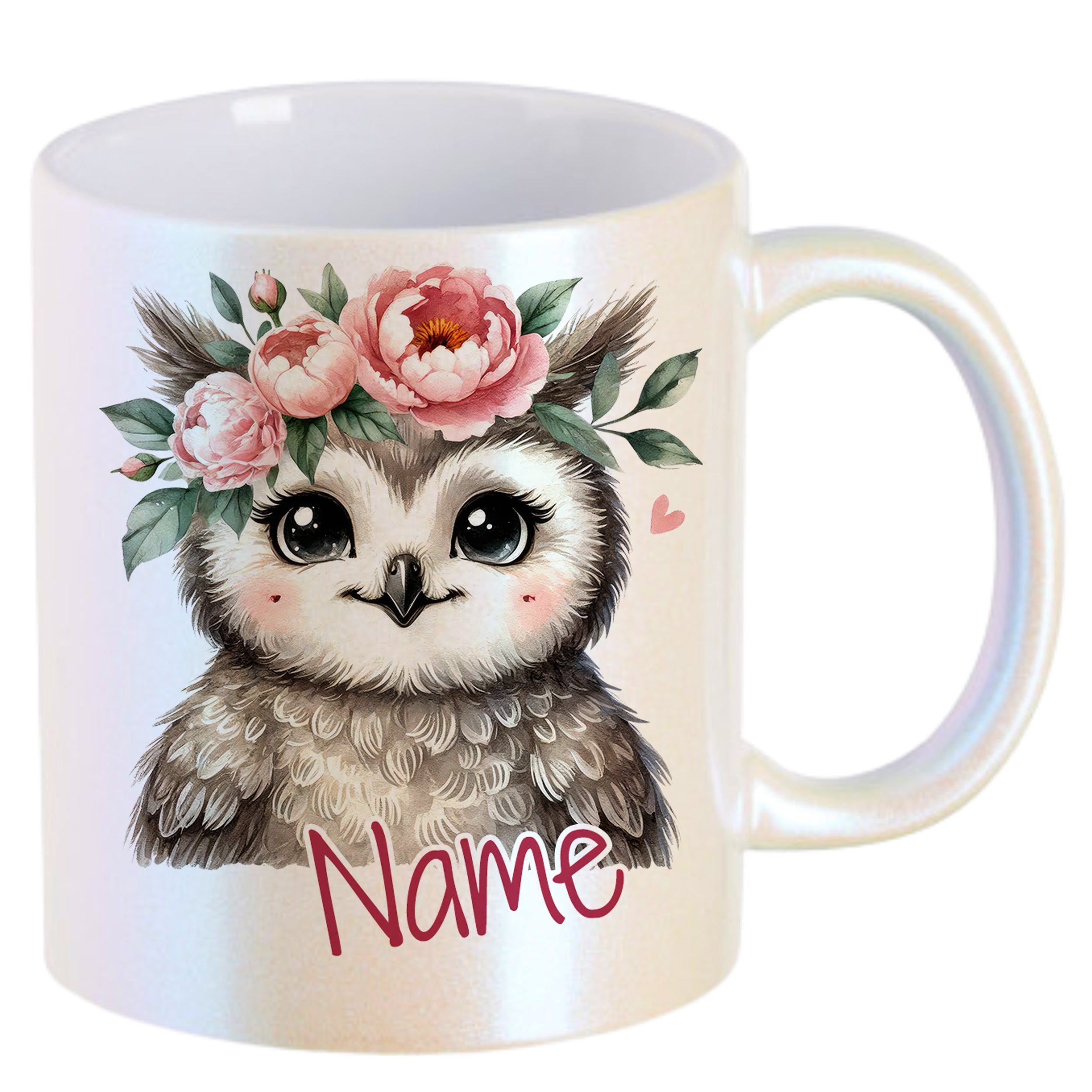 Tasse mit süßer Eule und Blumenkranz, personalisierbar.